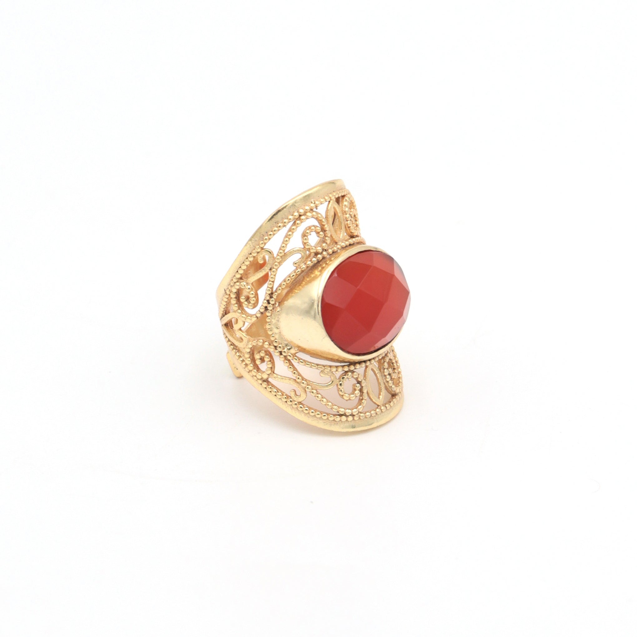 Dua Handmade Carnelian Chalcedony Oval Ring 11x15mm – Orange Adjustable Gold-Plated Gemstone Jewelry