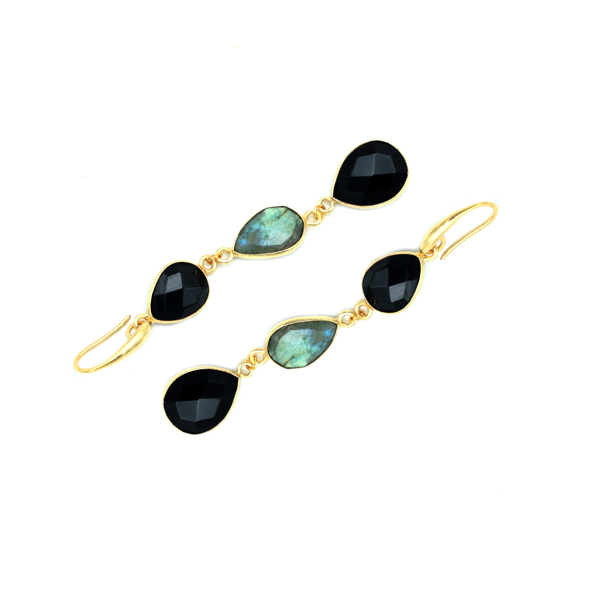 Dua Labradorite & Black Onyx Earrings – Handmade Pear Cut Natural Stone Earrings (9x12mm, 11x14mm)