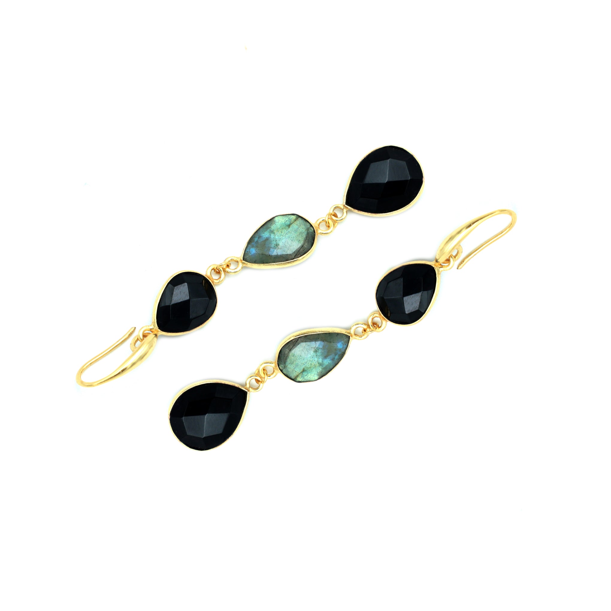Dua Labradorite & Black Onyx Earrings – Handmade Pear Cut Natural Stone Earrings (9x12mm, 11x14mm)