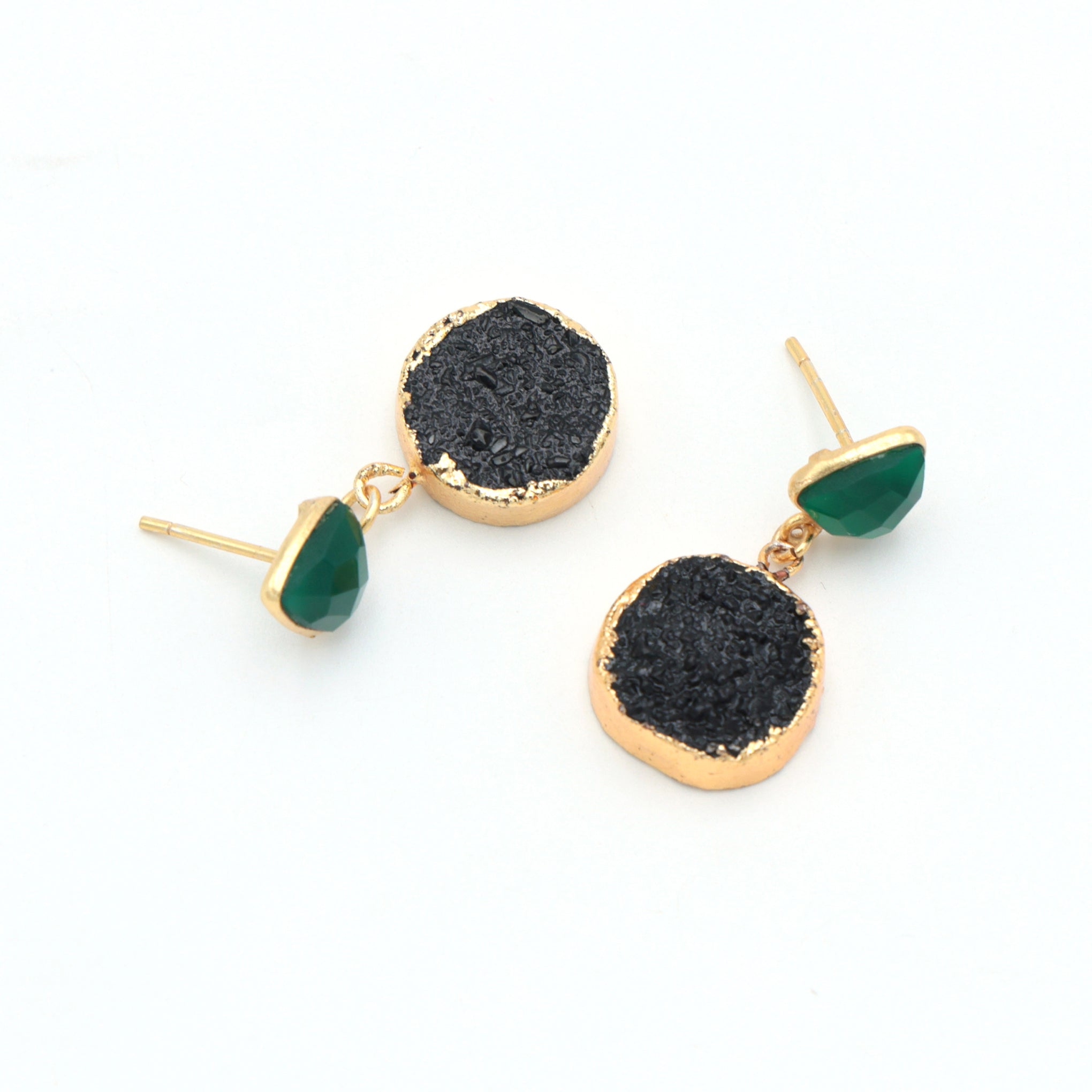 Dua Green Onyx & Druzy Earrings – Handmade Trillion & Round Cut Natural Gemstone Earrings (8mm, 15mm)