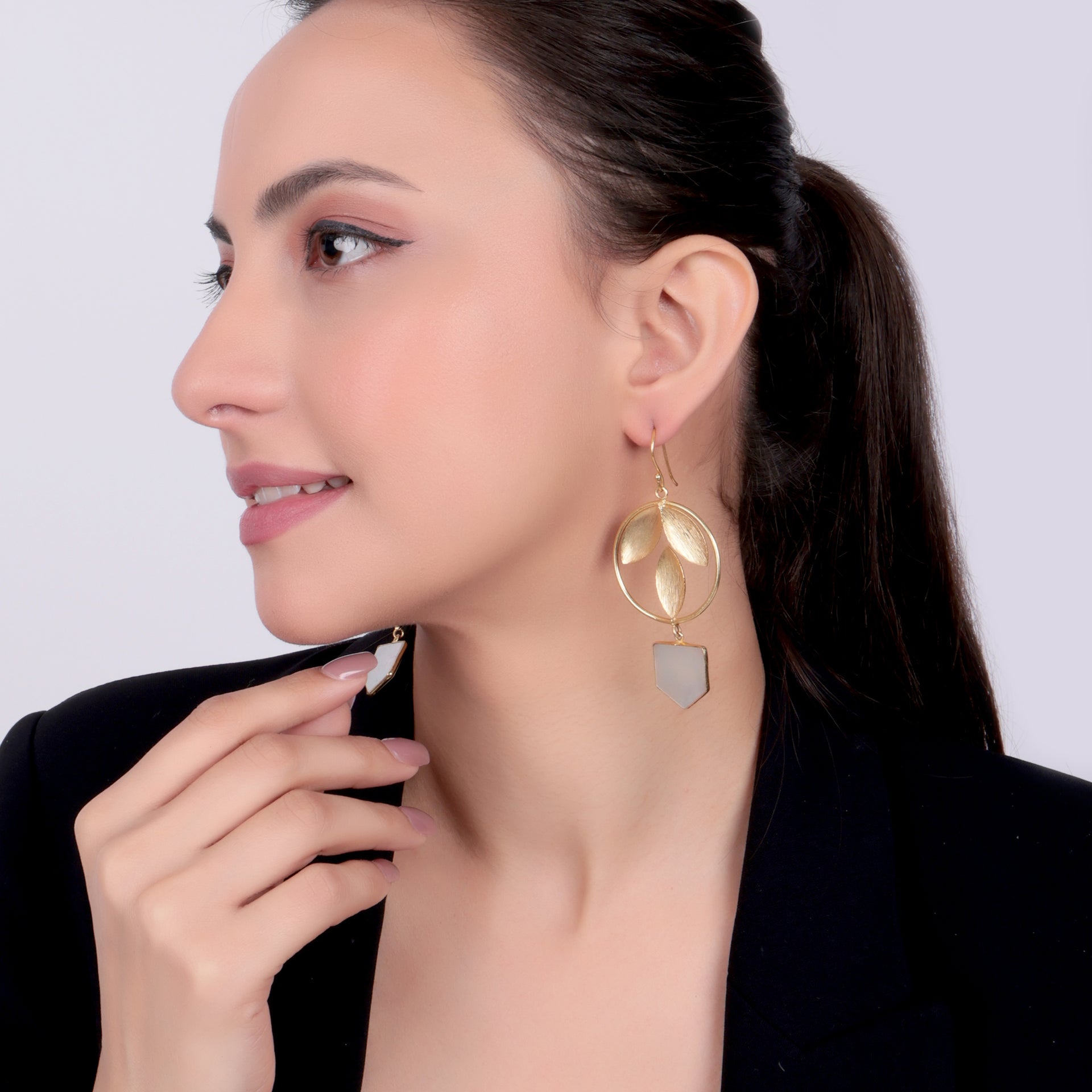 Dua Mother of Pearl Pentagon Earrings – Handmade 18mm Natural Pearl Gemstone Gold-Plated Earrings