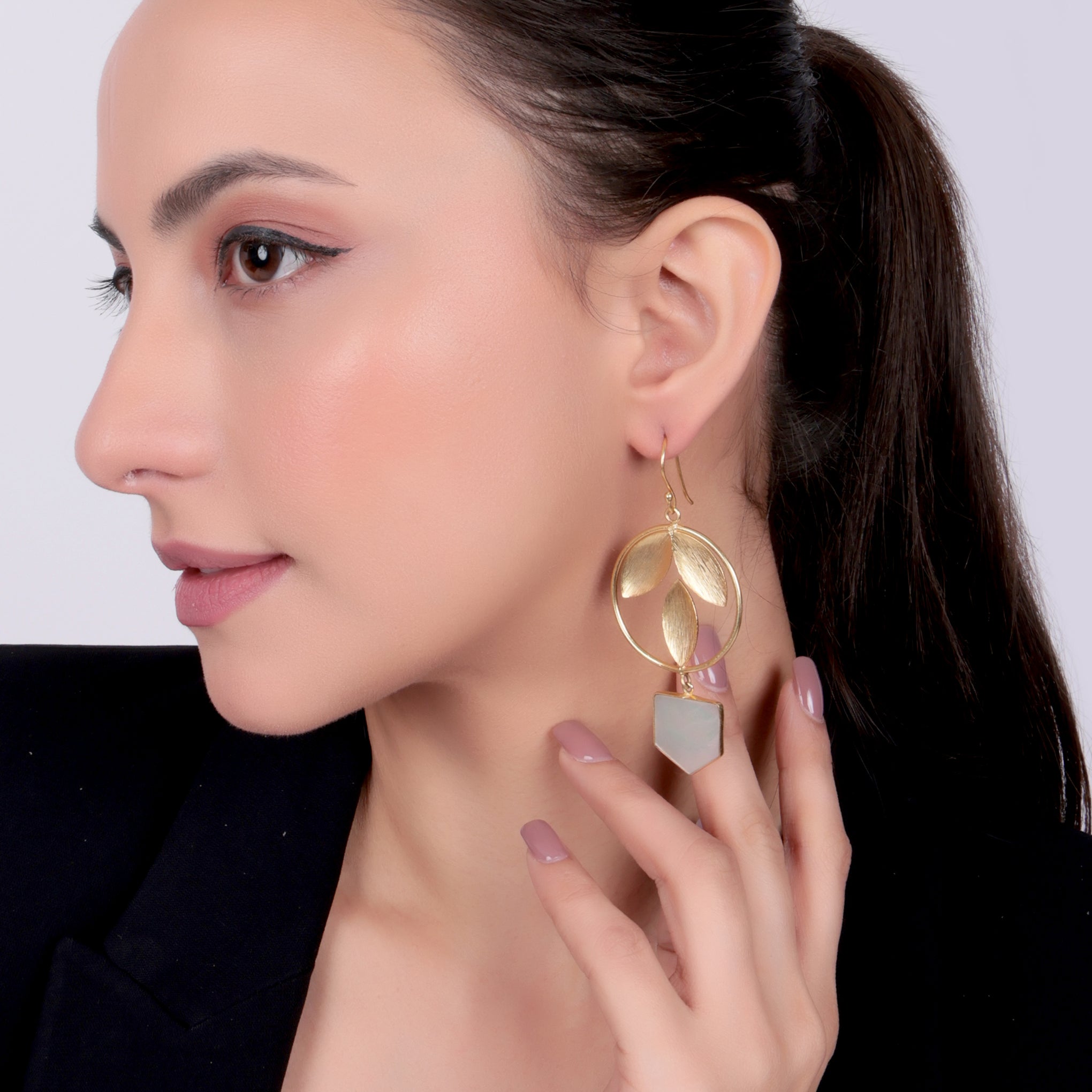 Dua Mother of Pearl Pentagon Earrings – Handmade 18mm Natural Pearl Gemstone Gold-Plated Earrings