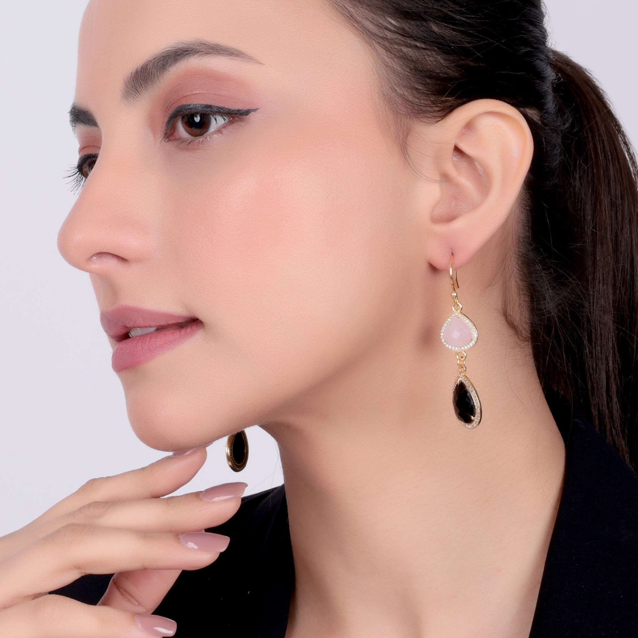 Dua Pink Chalcedony & Black Onyx CZ Earrings – Handmade Heart & Pear Cut Natural Gemstone Earrings (10mm, 12x15mm)