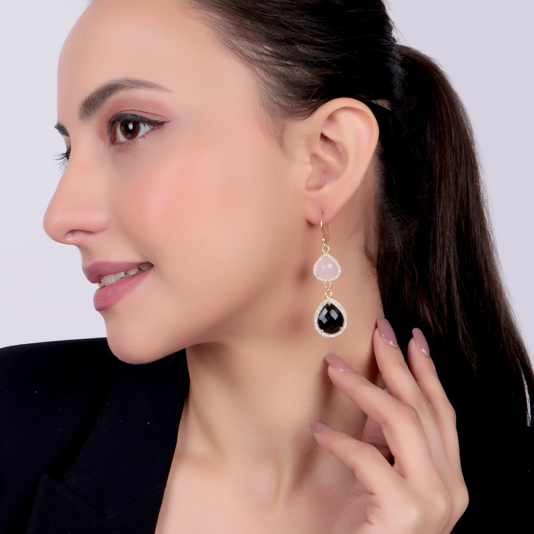 Dua Pink Chalcedony & Black Onyx CZ Earrings – Handmade Heart & Pear Cut Natural Gemstone Earrings (10mm, 12x15mm)