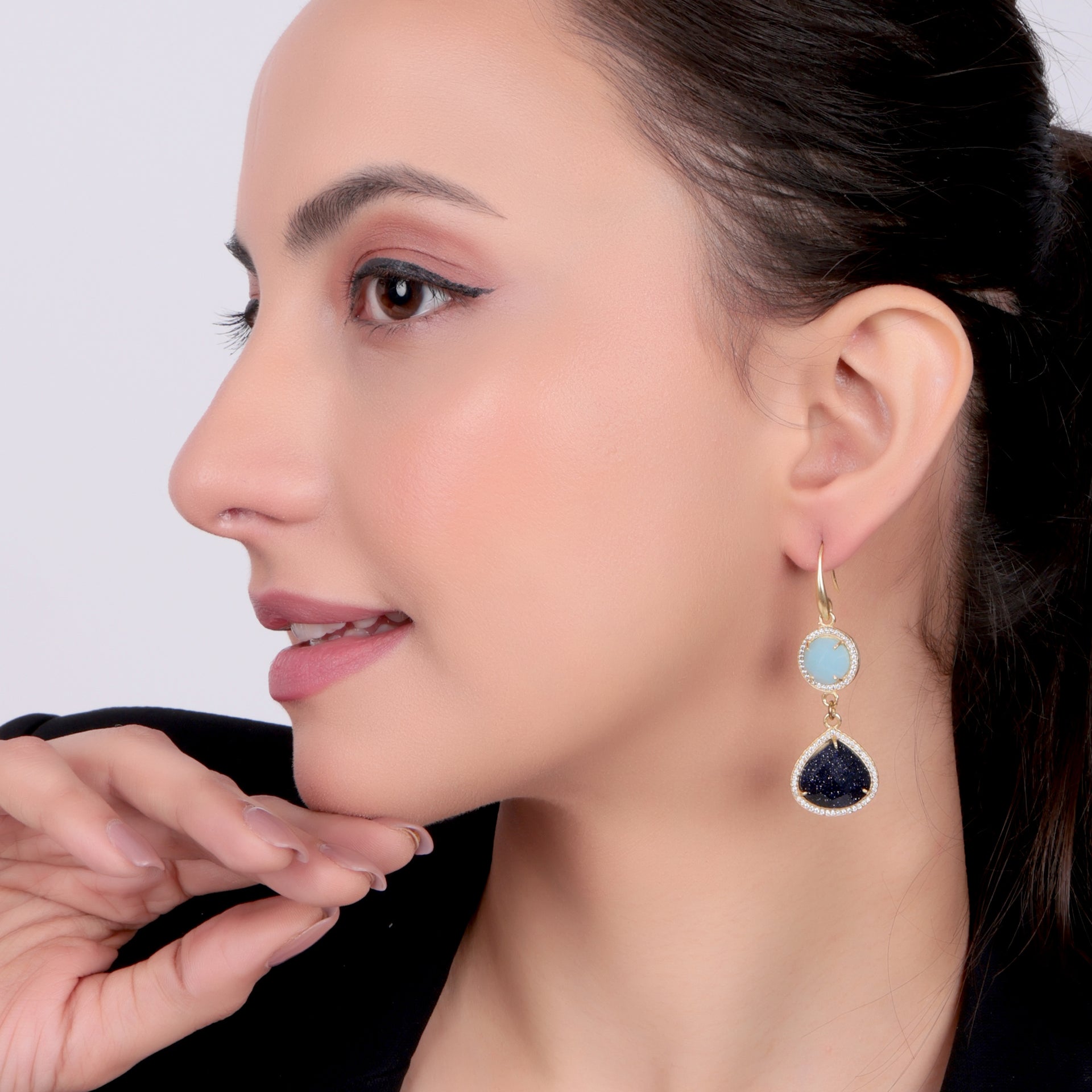 Dua Blue Chalcedony & Blue Sunstone CZ Earrings – Handmade Round & Heart Cut Gemstone Earrings (10mm, 15mm)