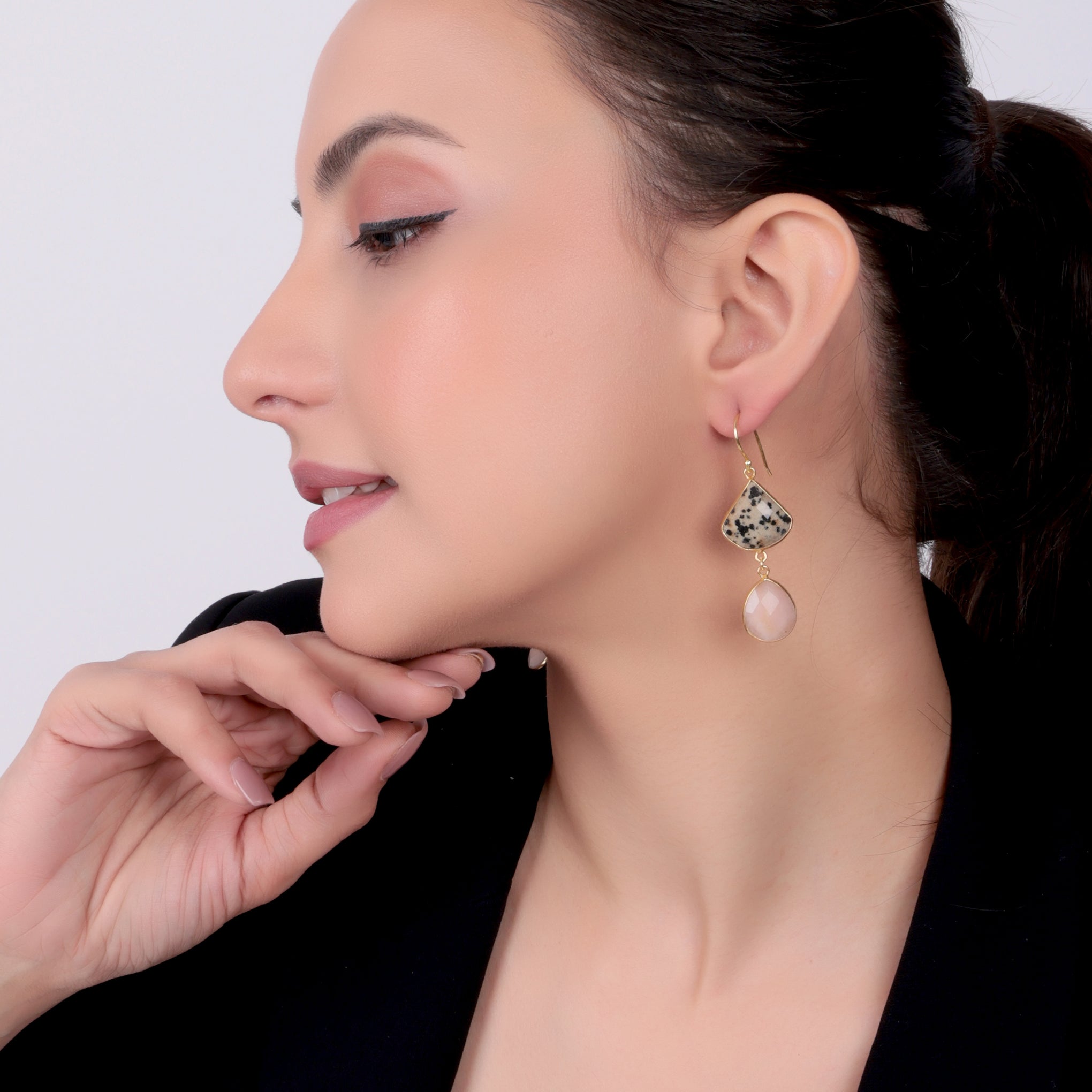 Dua Dalmatian Jasper & Pink Opal Earrings – Handmade Quarter Circle & Pear Cut Gemstone Earrings (17mm, 12x15mm)