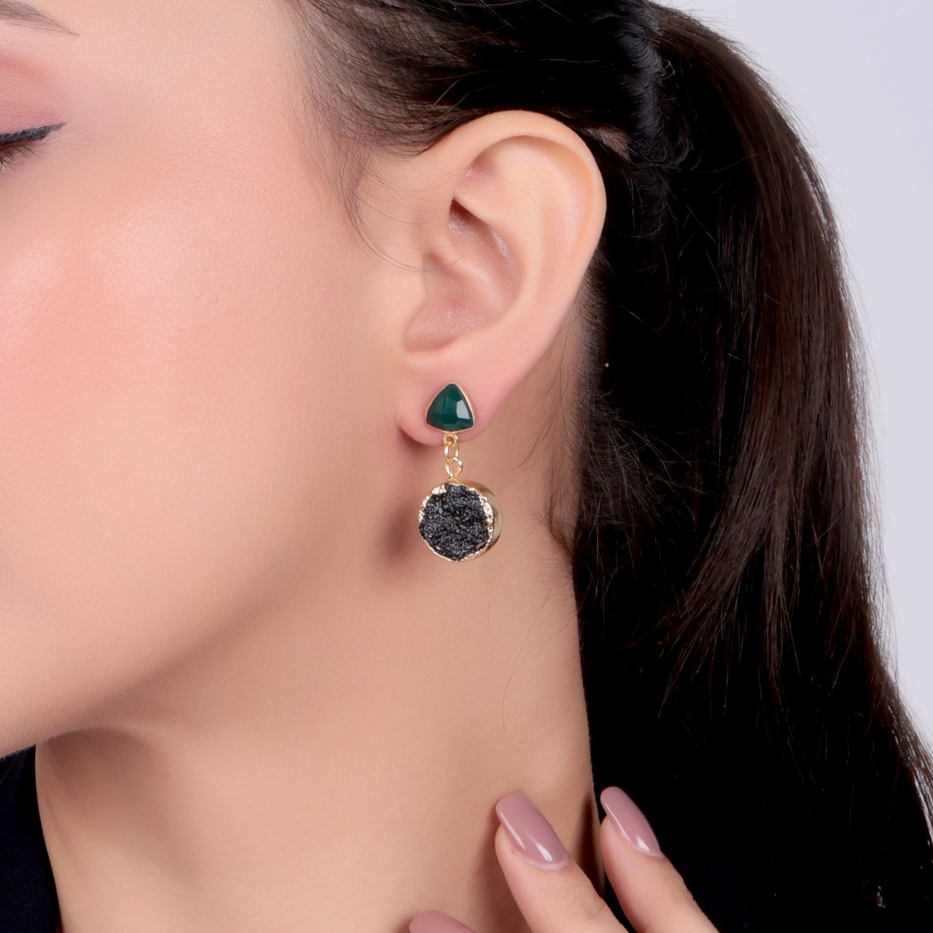 Dua Green Onyx & Druzy Earrings – Handmade Trillion & Round Cut Natural Gemstone Earrings (8mm, 15mm)