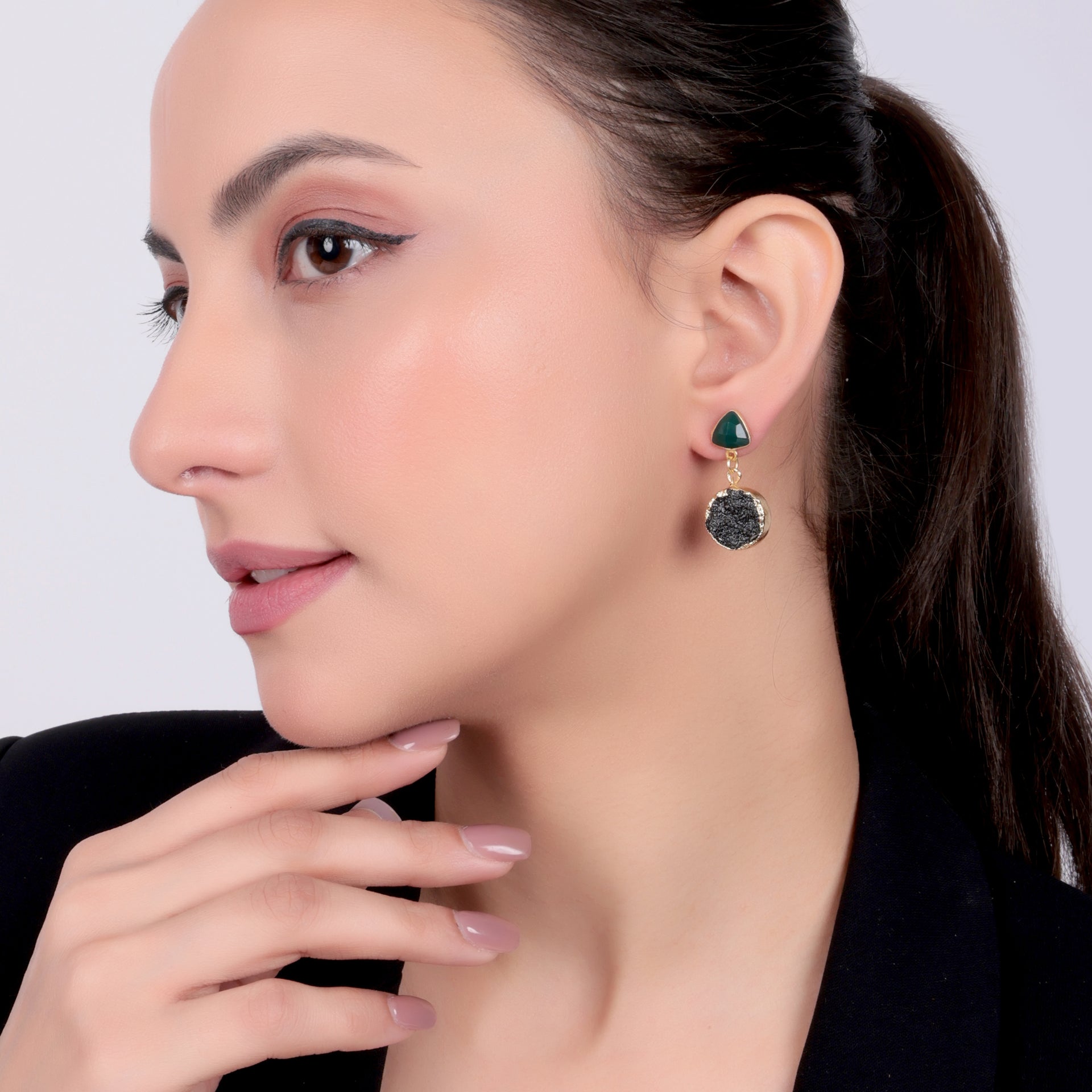 Dua Green Onyx & Druzy Earrings – Handmade Trillion & Round Cut Natural Gemstone Earrings (8mm, 15mm)