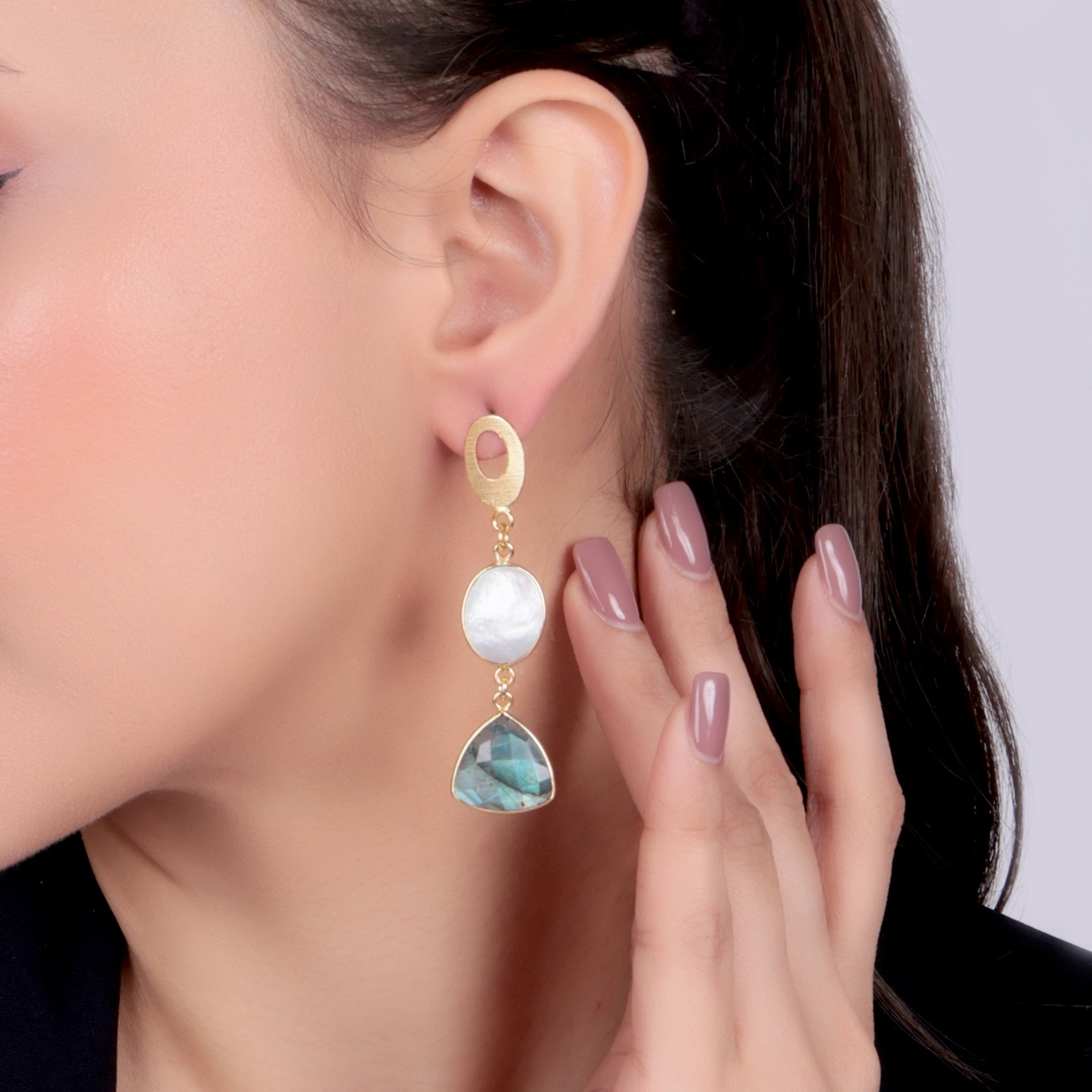 Dua Mother of Pearl & Labradorite Earrings – Handmade Oval & Trillion Cut Gemstone Earrings (12x15mm, 15mm)