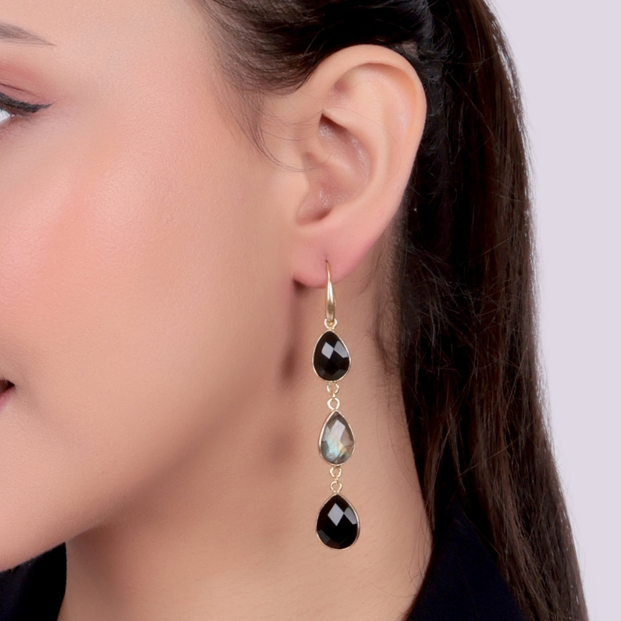 Dua Labradorite & Black Onyx Earrings – Handmade Pear Cut Natural Stone Earrings (9x12mm, 11x14mm)