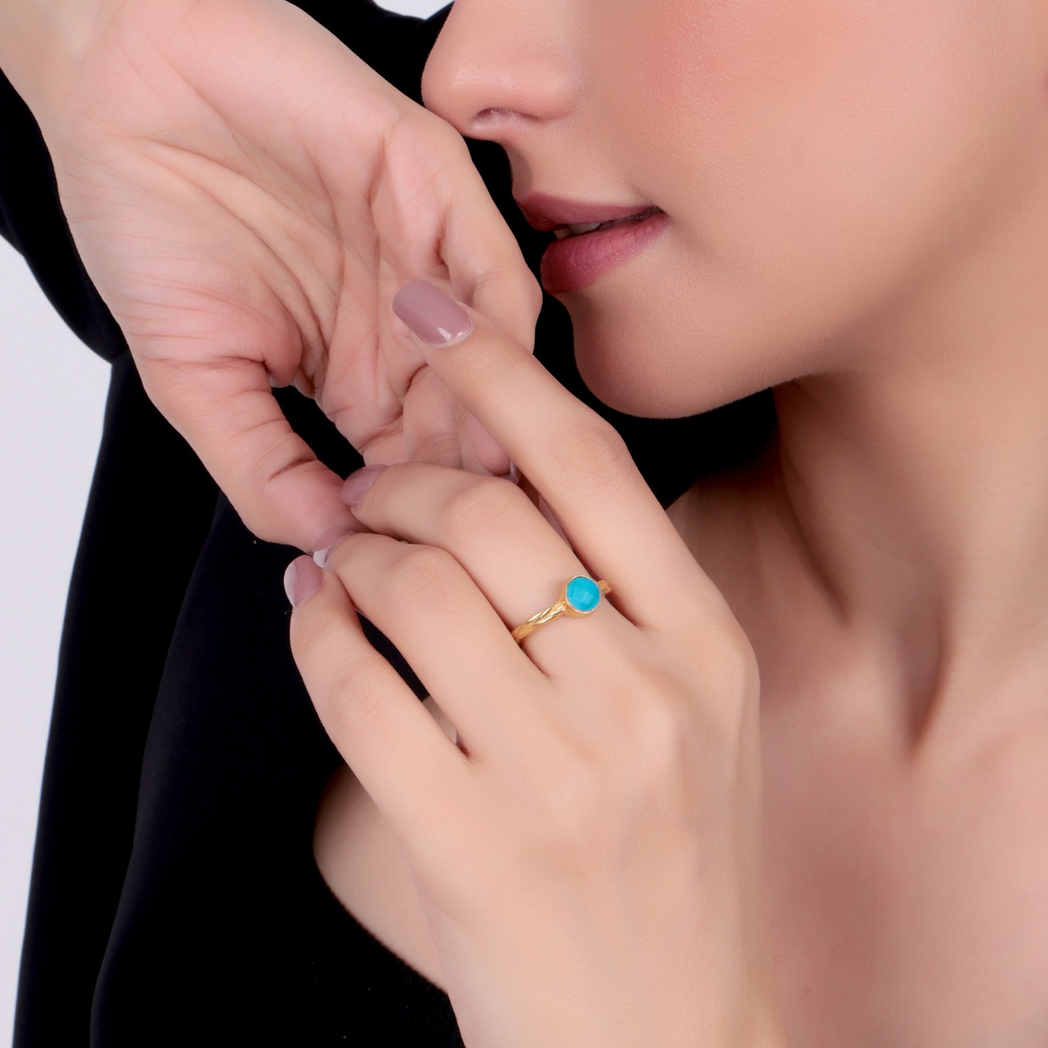 Dua Handmade Turquoise Round Ring 6mm – Blue Adjustable Gold-Plated Contemporary Natural Stone Jewelry