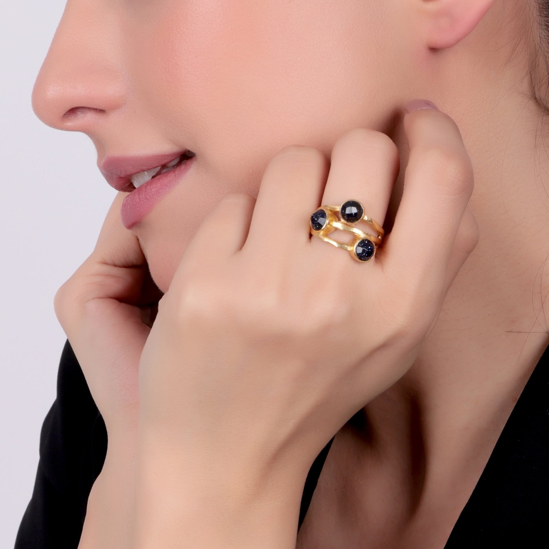 Dua Handmade Blue Sunstone Round Ring 6mm – Blue Adjustable Gold-Plated Gemstone Jewelry for Parties