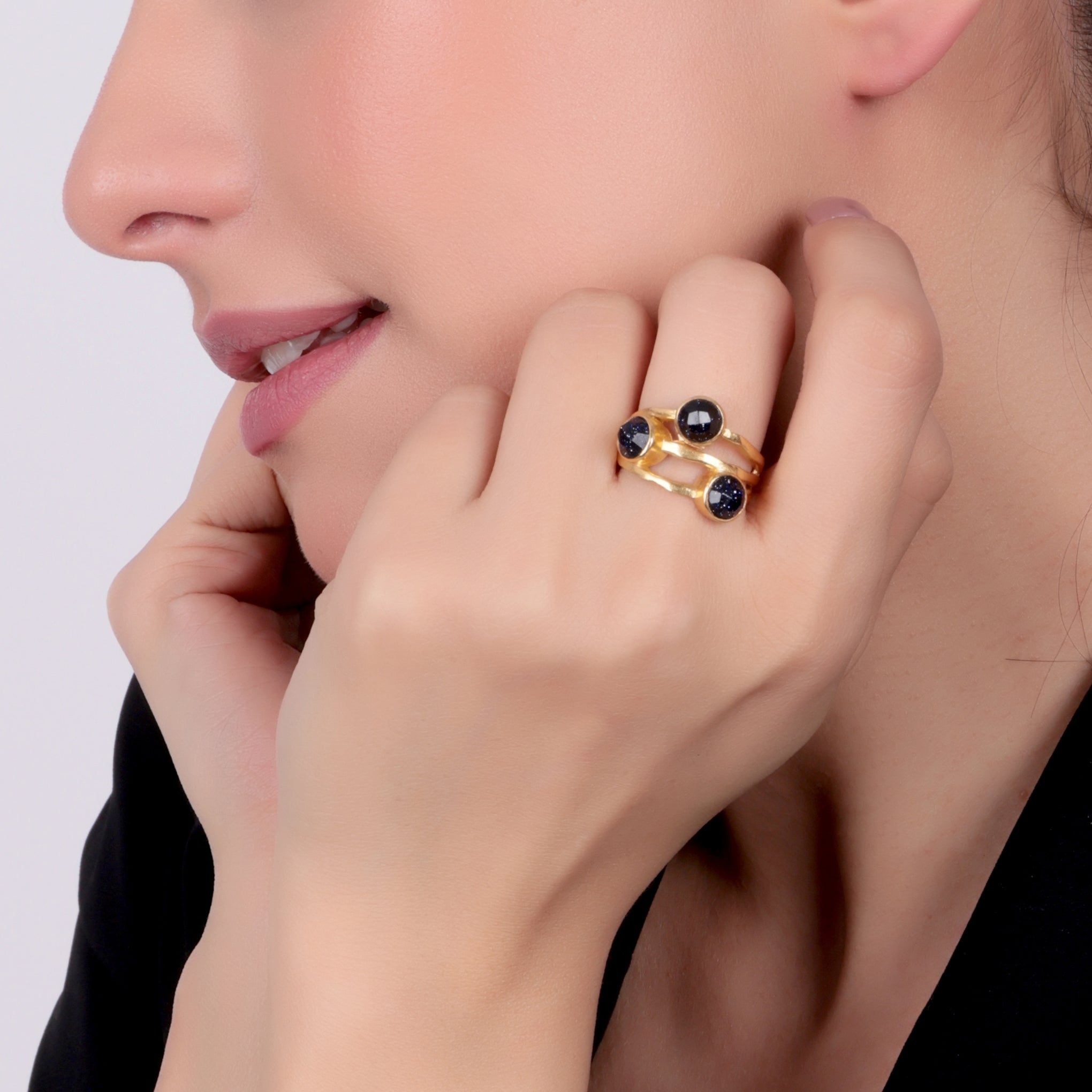 Dua Handmade Blue Sunstone Round Ring 6mm – Blue Adjustable Gold-Plated Gemstone Jewelry for Parties