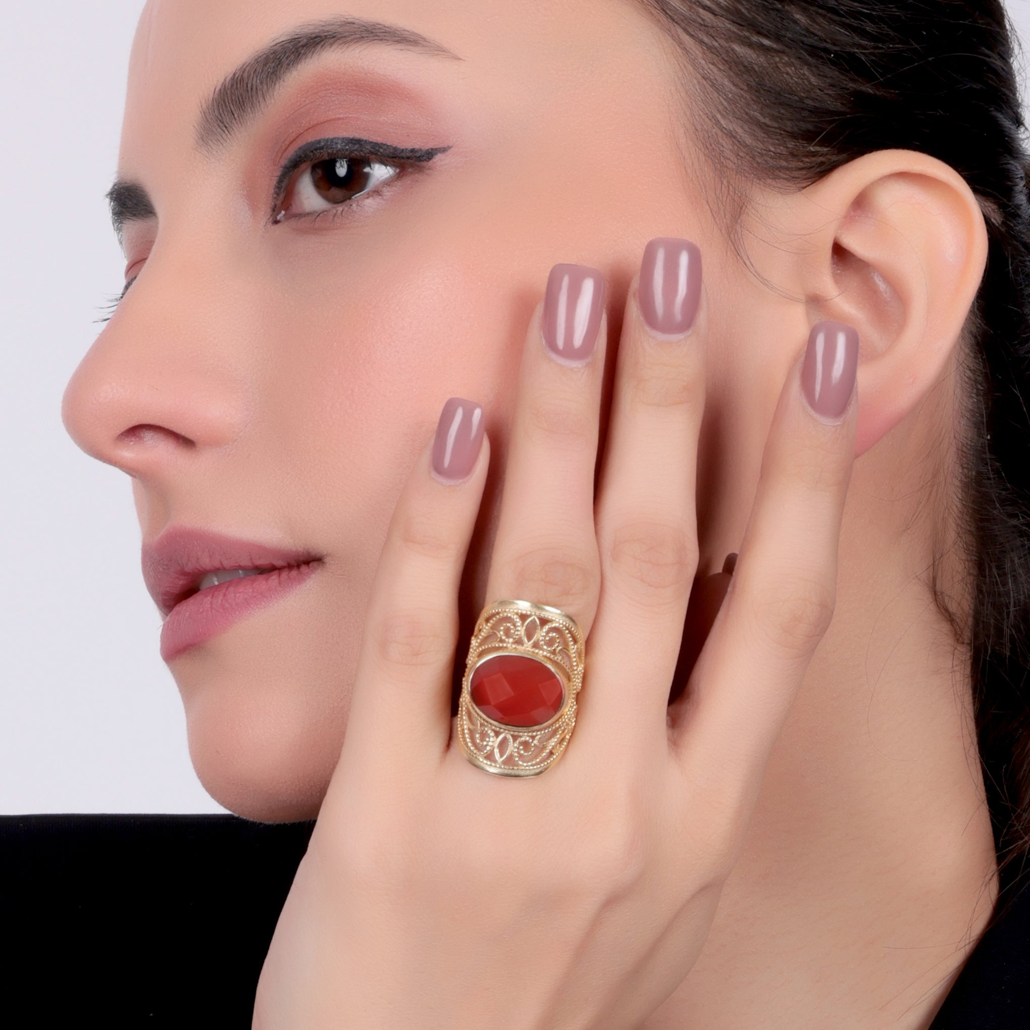 Dua Handmade Carnelian Chalcedony Oval Ring 11x15mm – Orange Adjustable Gold-Plated Gemstone Jewelry