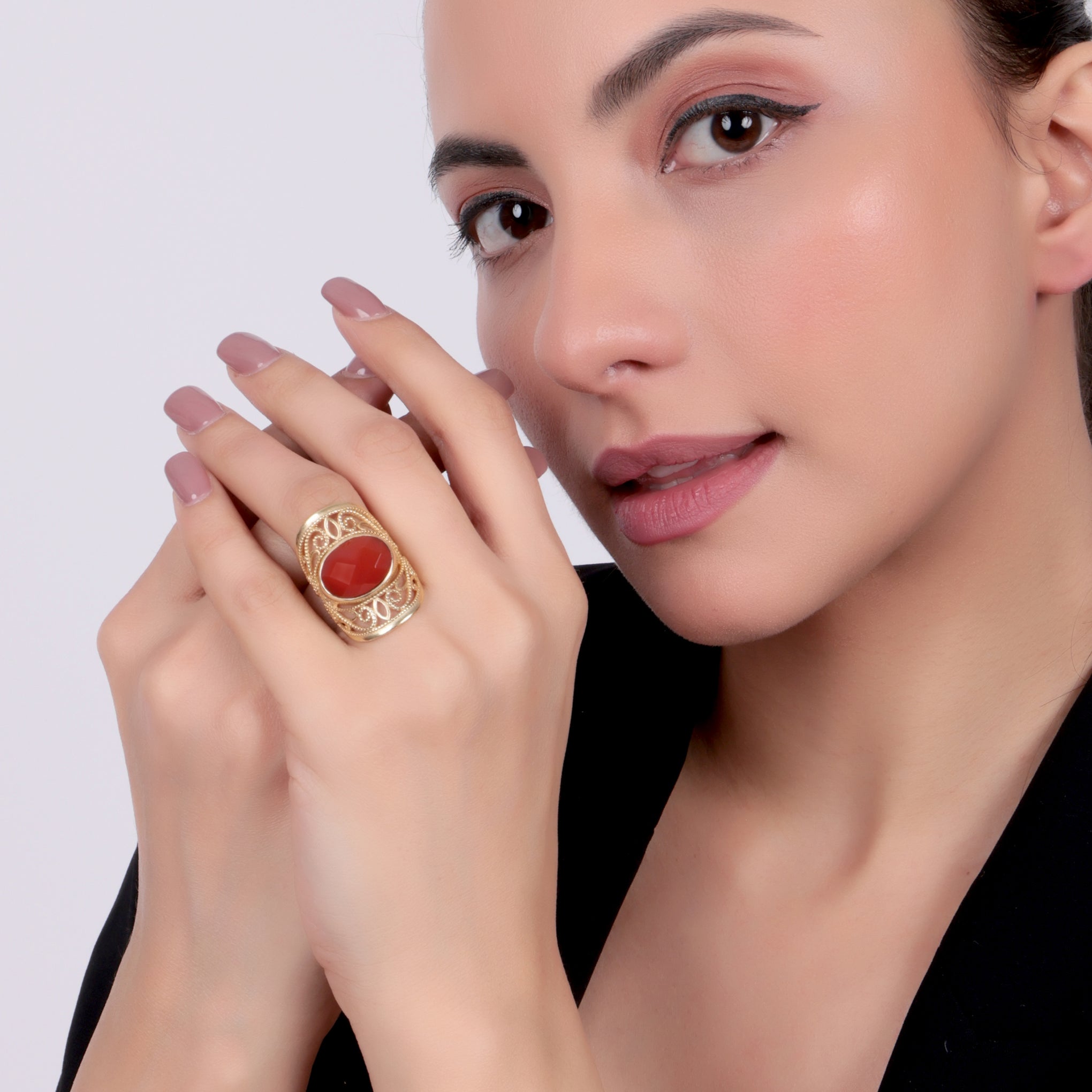 Dua Handmade Carnelian Chalcedony Oval Ring 11x15mm – Orange Adjustable Gold-Plated Gemstone Jewelry