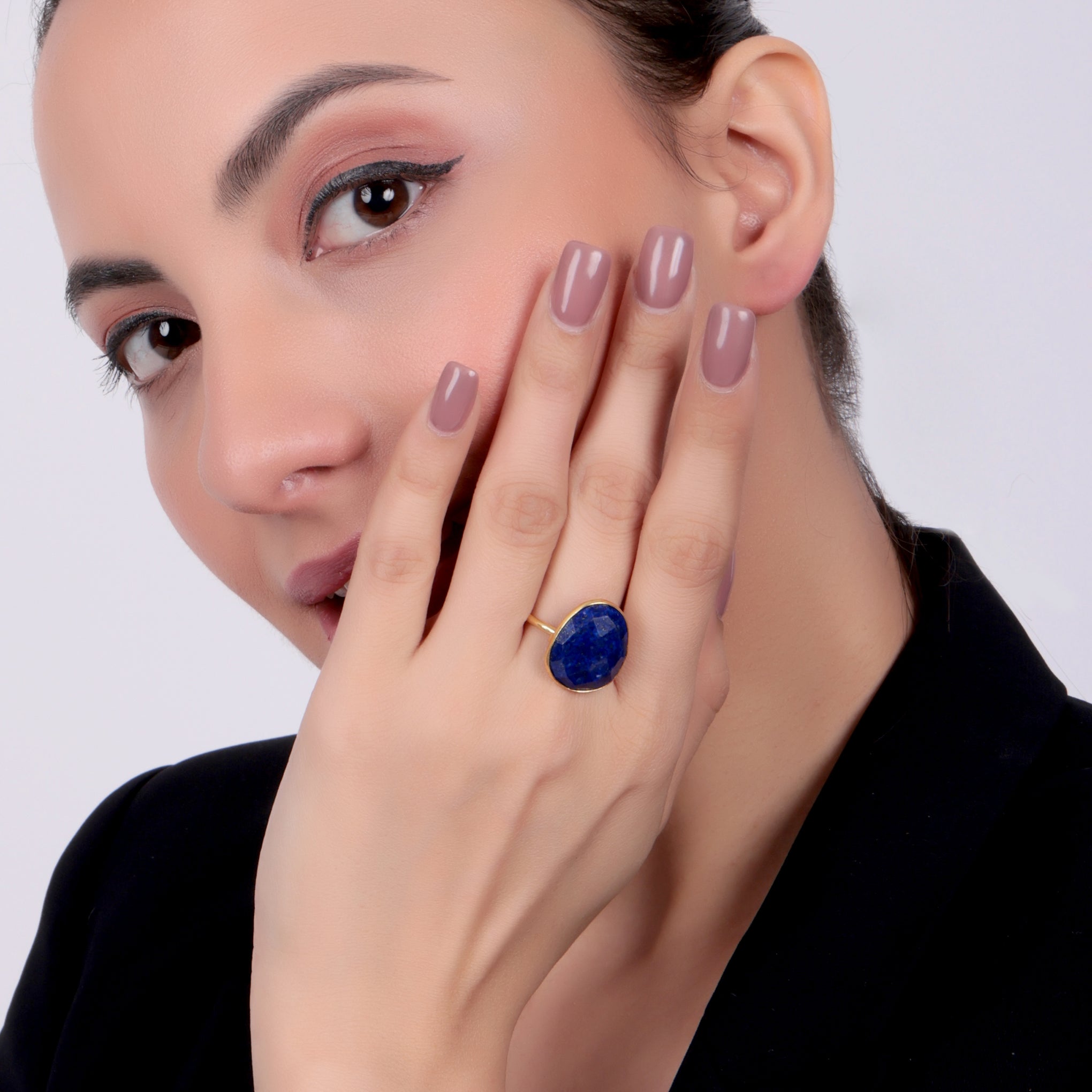 Dua Handmade Lapis Unshape Ring 15x18mm – Blue Adjustable Gold-Plated Statement Gemstone Jewelry