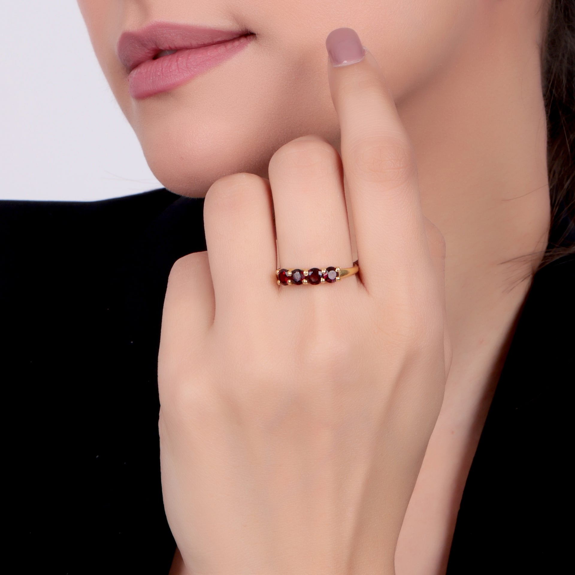 Dua Handmade Garnet Round Ring 4mm – Brown Adjustable Gold-Plated Contemporary Ring for Women