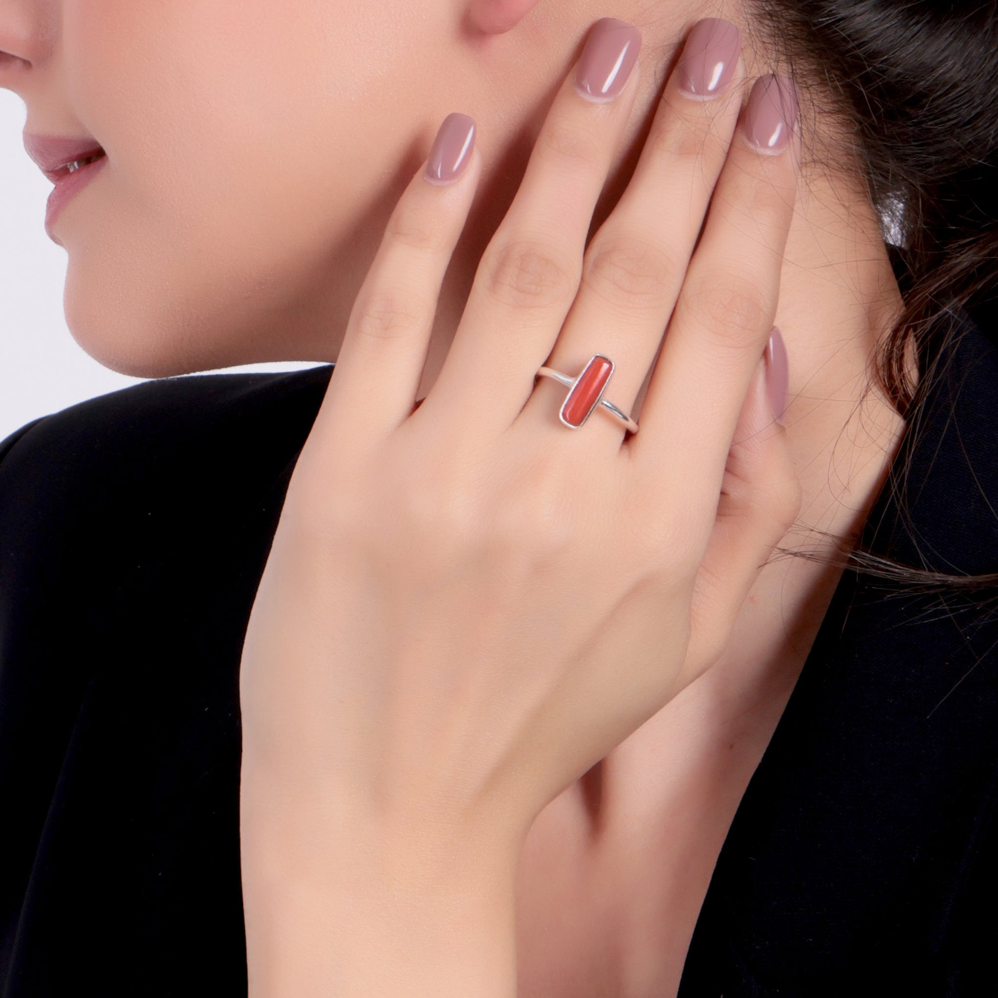 Dua Handmade Coral Moonga Capsule Ring 5x13mm – Red Adjustable Silver-Plated Birthstone - Raashi Ratan Ring for Women & Girls