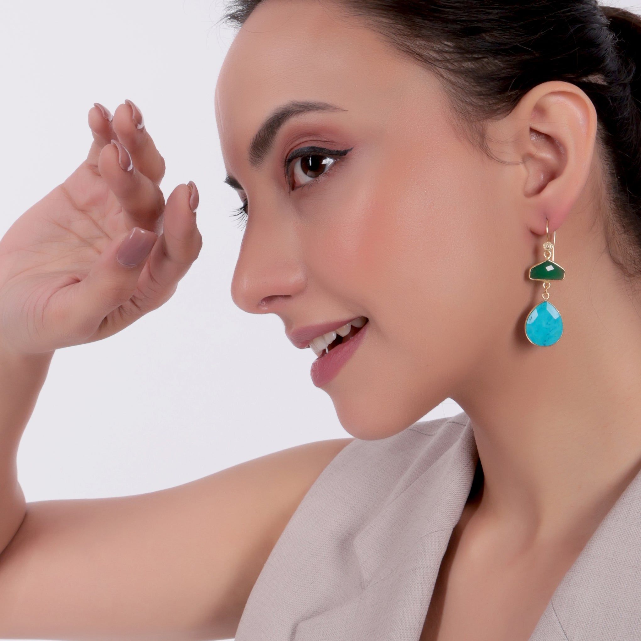 Dua Green Onyx & Turquoise Earrings – Handmade Half Hexagon & Pear Cut Gemstone Earrings (15mm, 15x18mm)