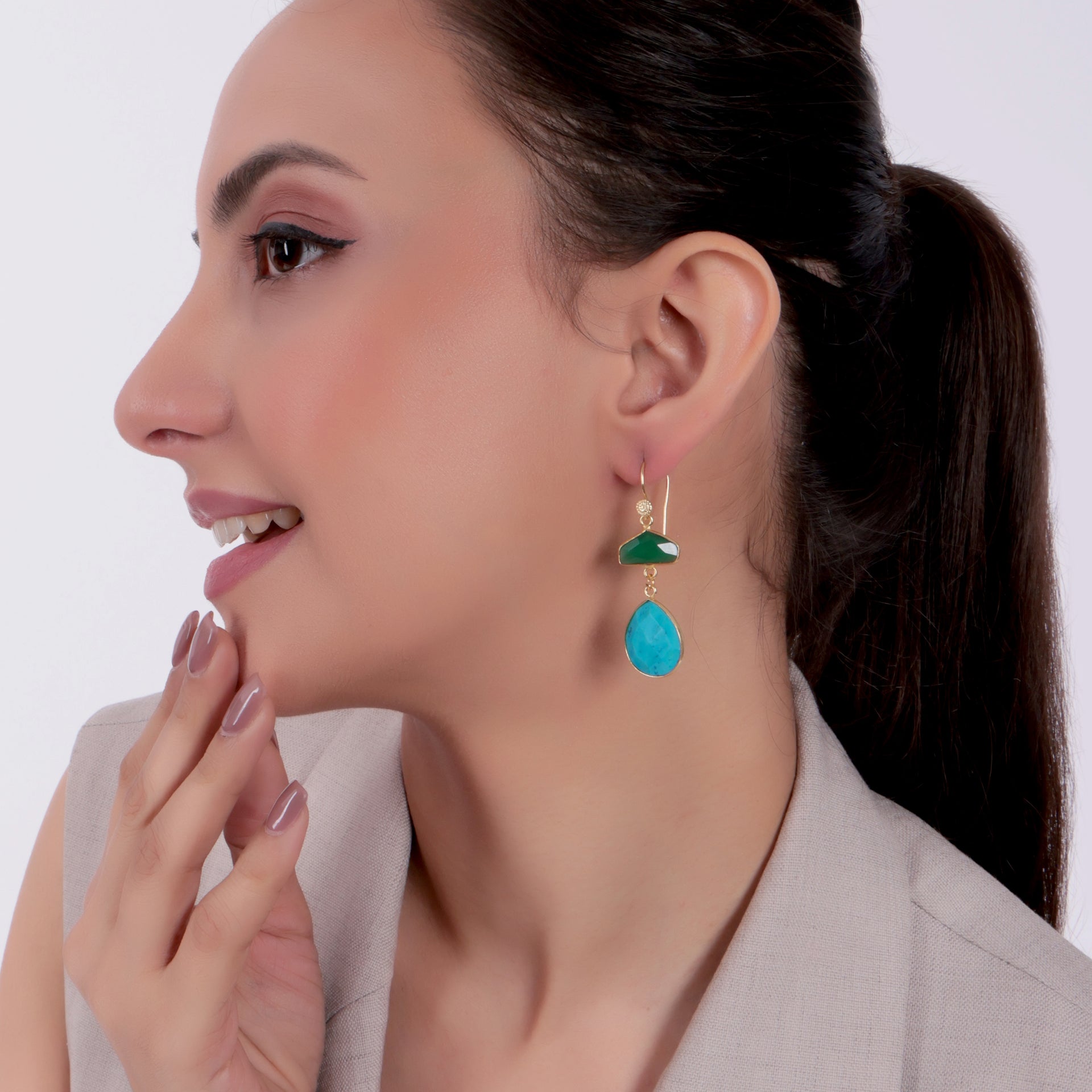 Dua Green Onyx & Turquoise Earrings – Handmade Half Hexagon & Pear Cut Gemstone Earrings (15mm, 15x18mm)