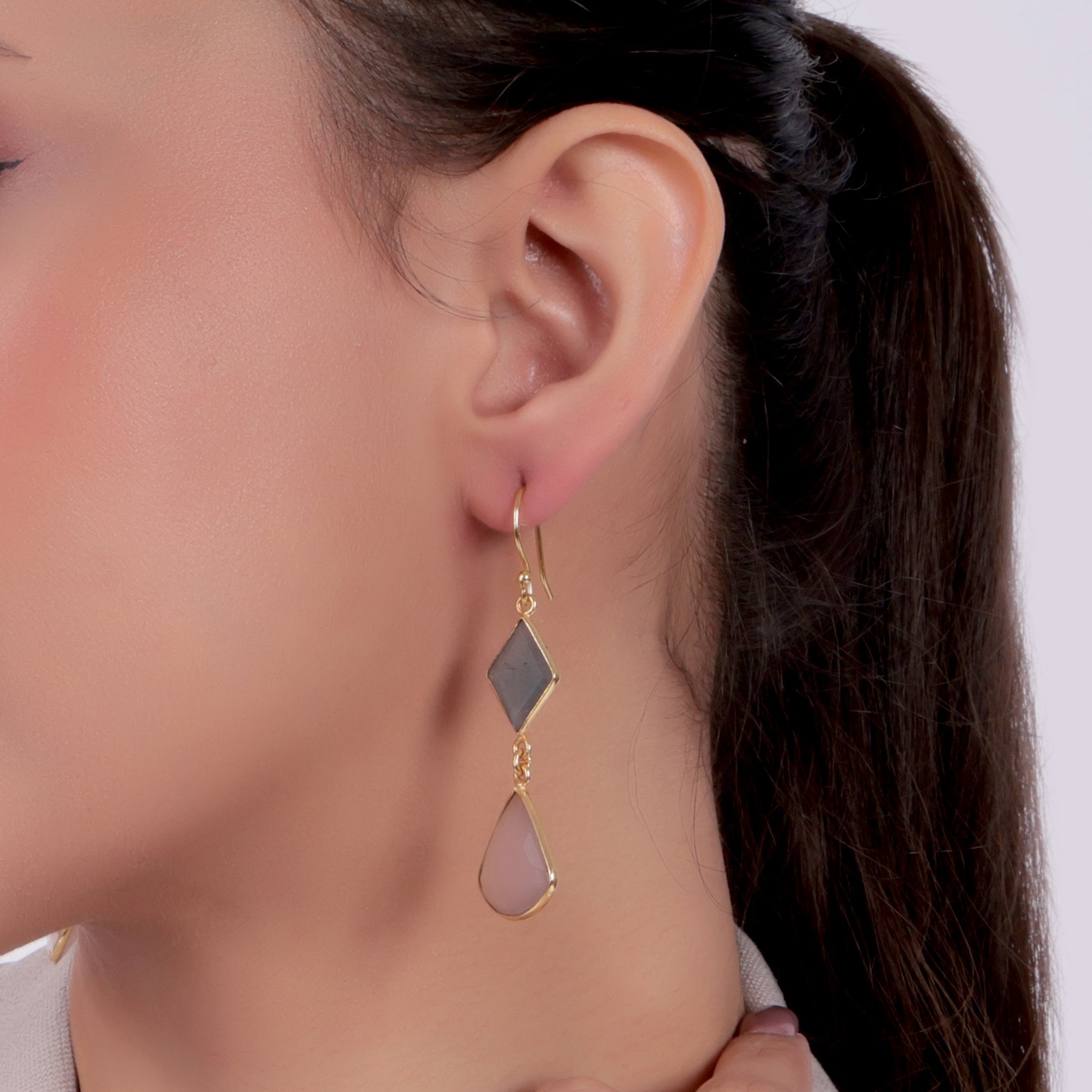 Dua Labradorite & Pink Chalcedony Earrings – Handmade Diamond & Quarter Circle Natural Stone Earrings (11x15mm, 17mm)