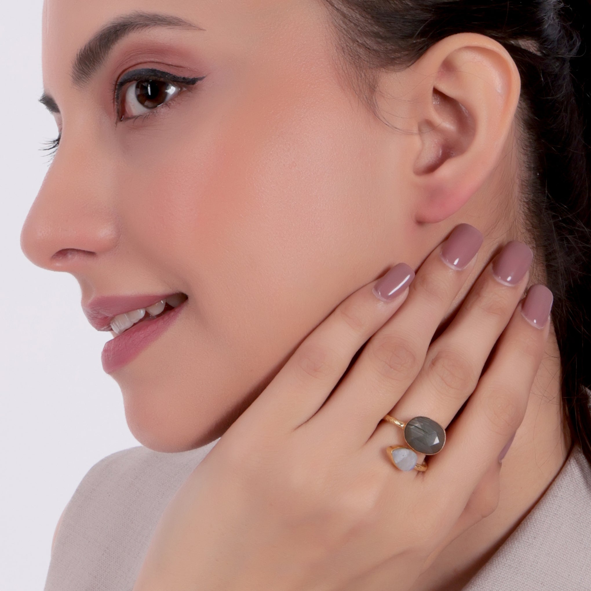 Dua Handmade Labradorite & Rainbow Moonstone Ring – Adjustable Gold-Plated Dual Stone Oval & Pear Ring