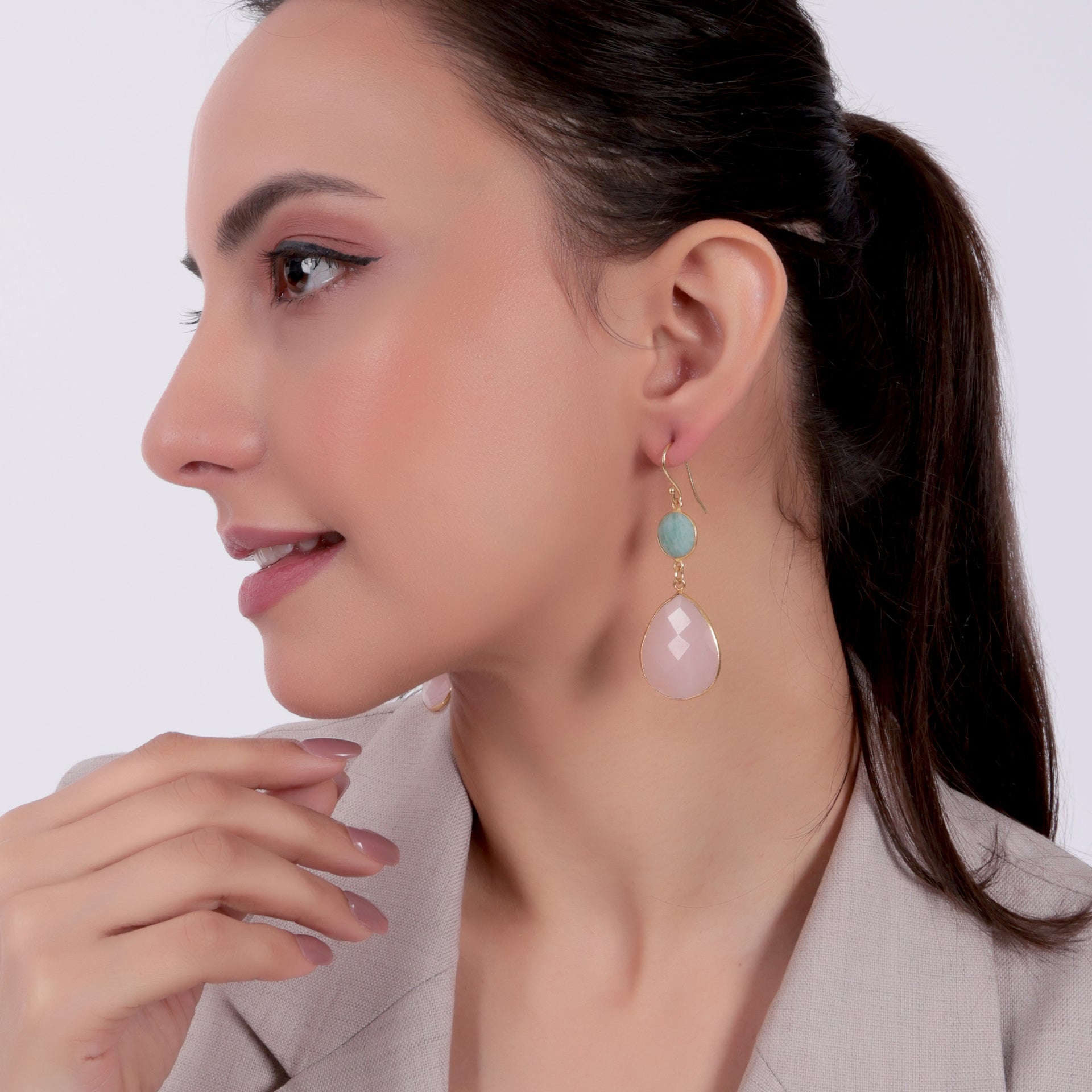 Dua Amazonite & Rose Quartz Earrings – Handmade Round & Pear Cut Natural Gemstone Earrings (11mm, 20x25mm)