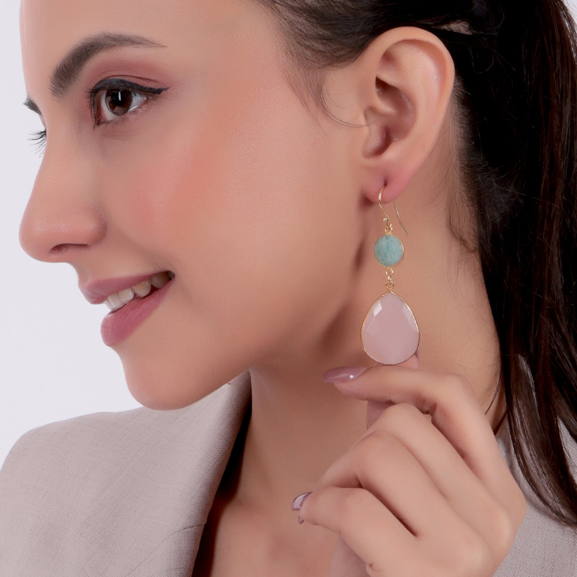 Dua Amazonite & Rose Quartz Earrings – Handmade Round & Pear Cut Natural Gemstone Earrings (11mm, 20x25mm)