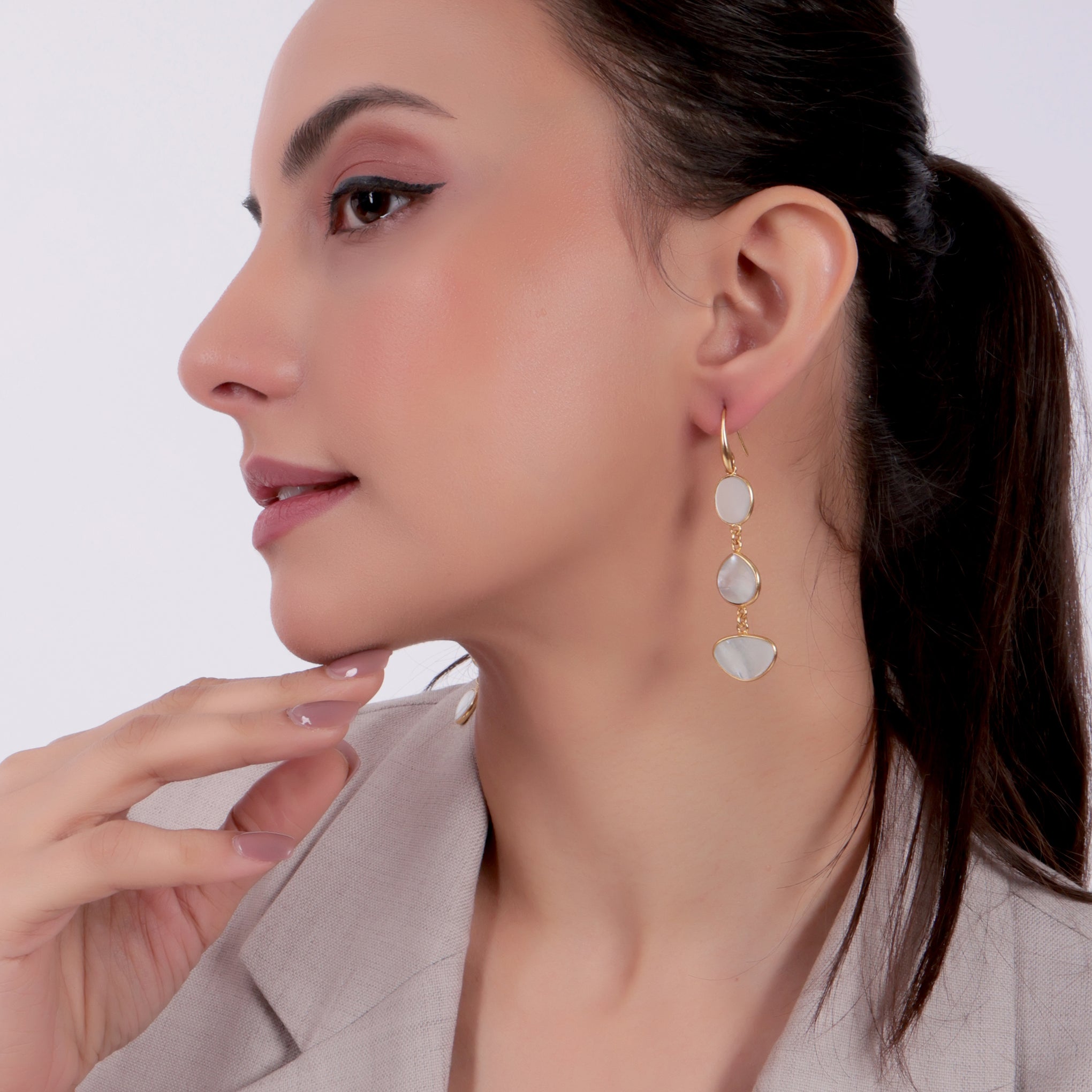 Dua Mother of Pearl Triple Earrings – Handmade Oval, Heart & Horizontal Oval Gemstone Earrings (9x11mm, 12mm, 10x15mm)