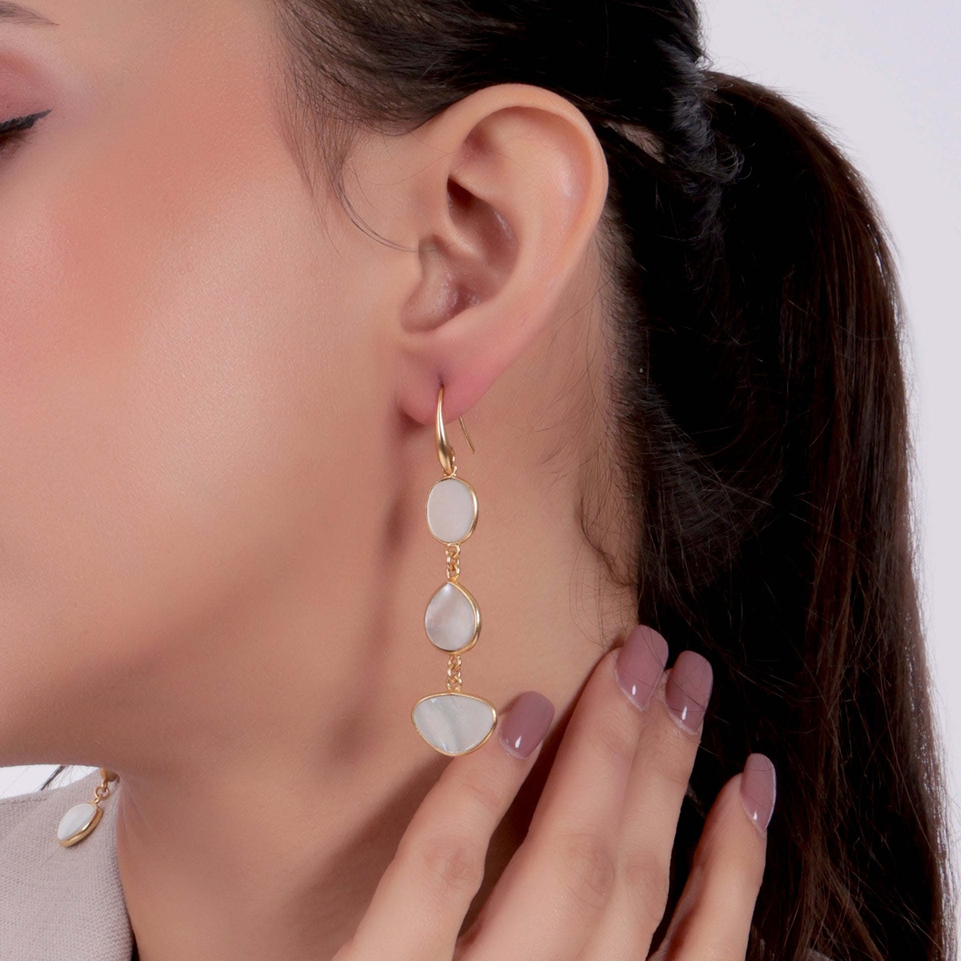 Dua Mother of Pearl Triple Earrings – Handmade Oval, Heart & Horizontal Oval Gemstone Earrings (9x11mm, 12mm, 10x15mm)