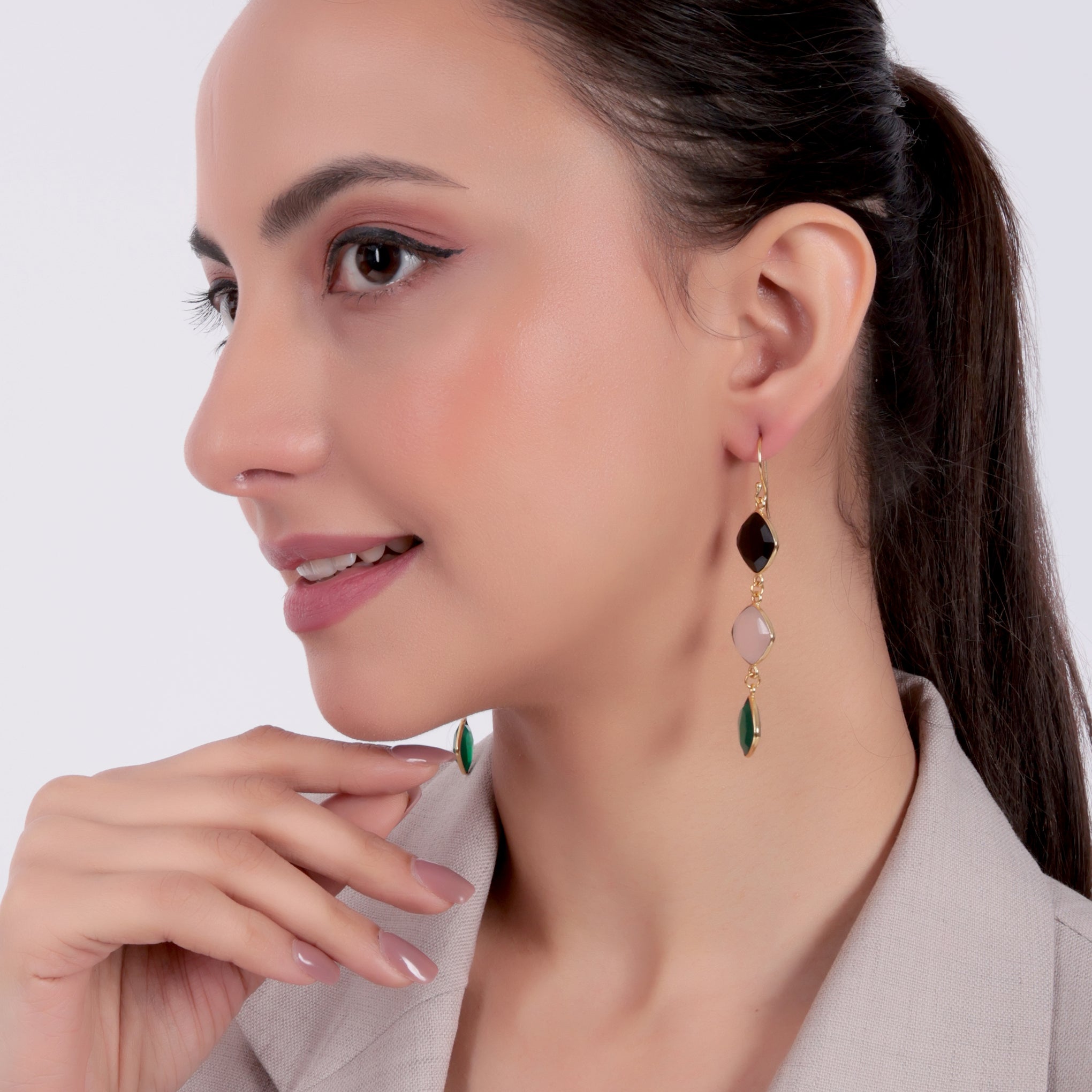 Dua Black Onyx, Pink Chalcedony & Green Onyx Earrings – Handmade 12mm Cushion Cut Multi-Stone Earrings