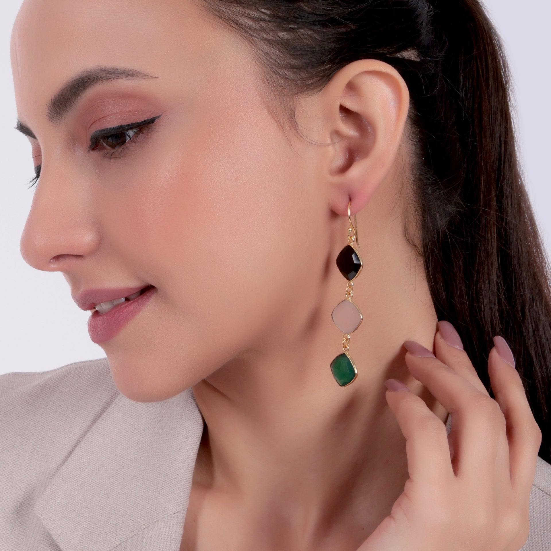 Dua Black Onyx, Pink Chalcedony & Green Onyx Earrings – Handmade 12mm Cushion Cut Multi-Stone Earrings