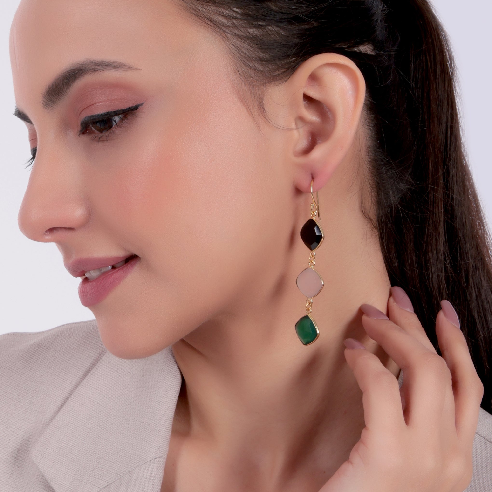 Dua Black Onyx, Pink Chalcedony & Green Onyx Earrings – Handmade 12mm Cushion Cut Multi-Stone Earrings