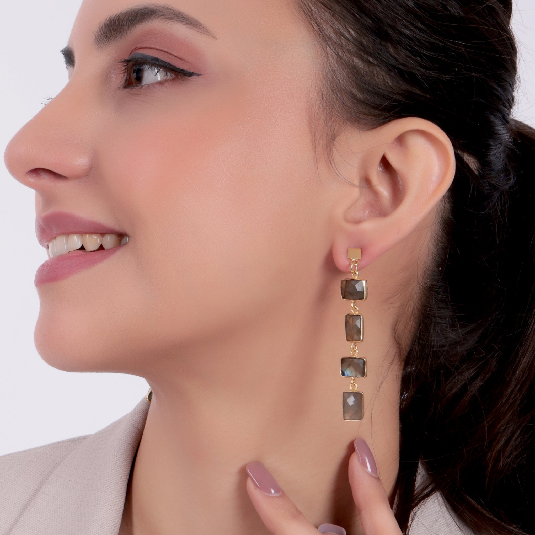 Dua Labradorite Rectangle Earrings – Handmade 7x10mm Natural Grey Gemstone Earrings