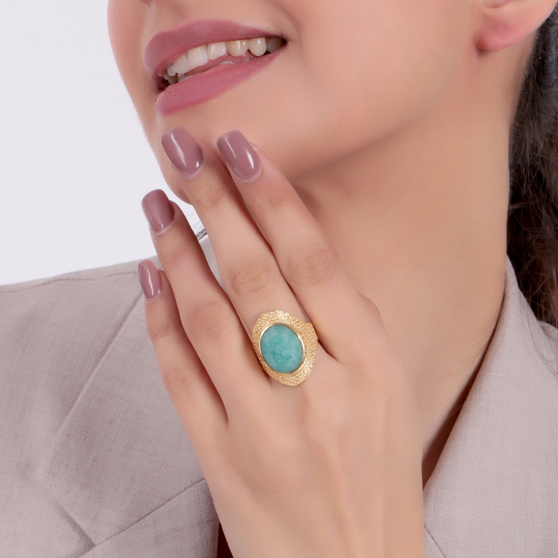 Dua Handmade Amazonite Oval Ring 11x15mm – Green Adjustable Gold-Plated Contemporary Gemstone Jewelry