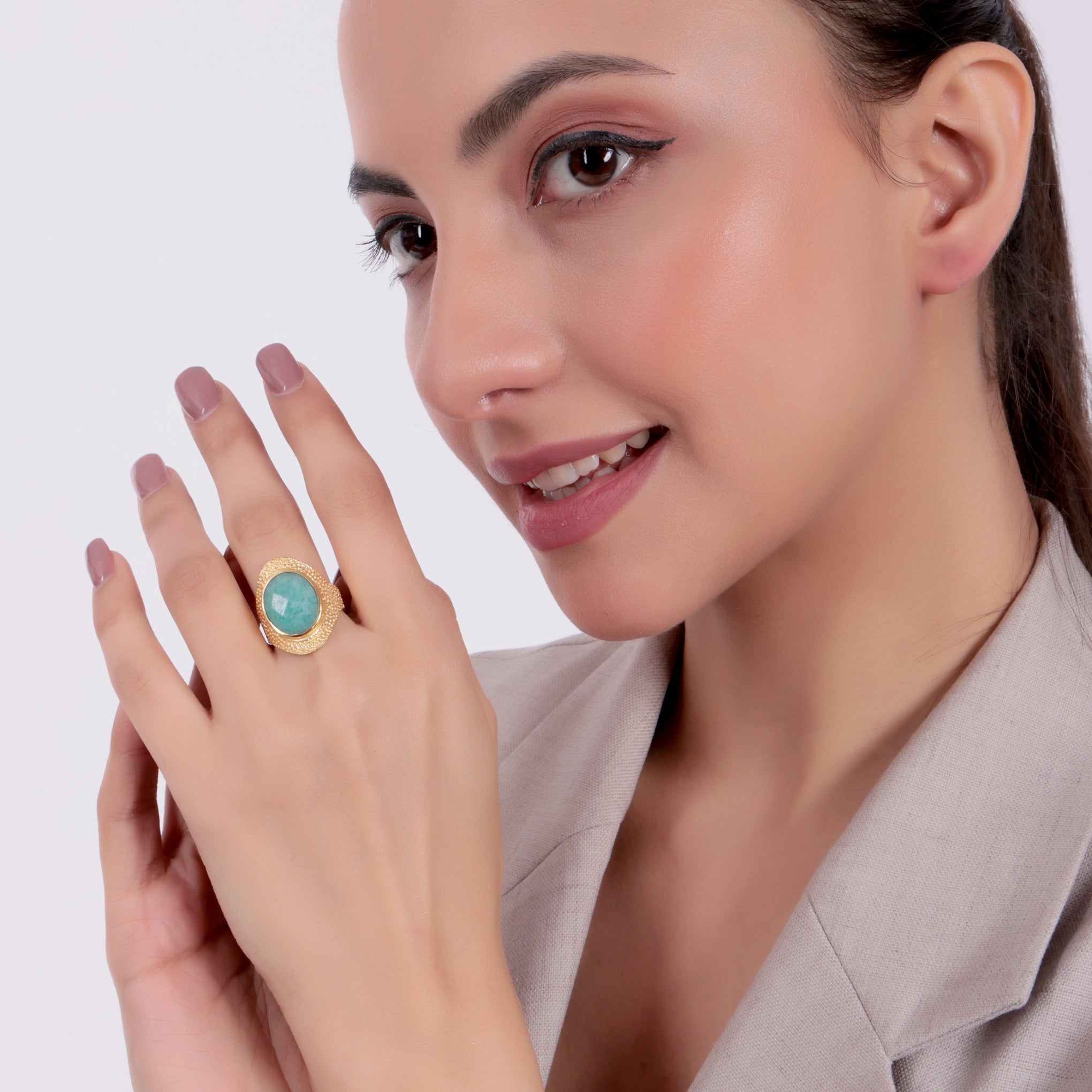 Dua Handmade Amazonite Oval Ring 11x15mm – Green Adjustable Gold-Plated Contemporary Gemstone Jewelry