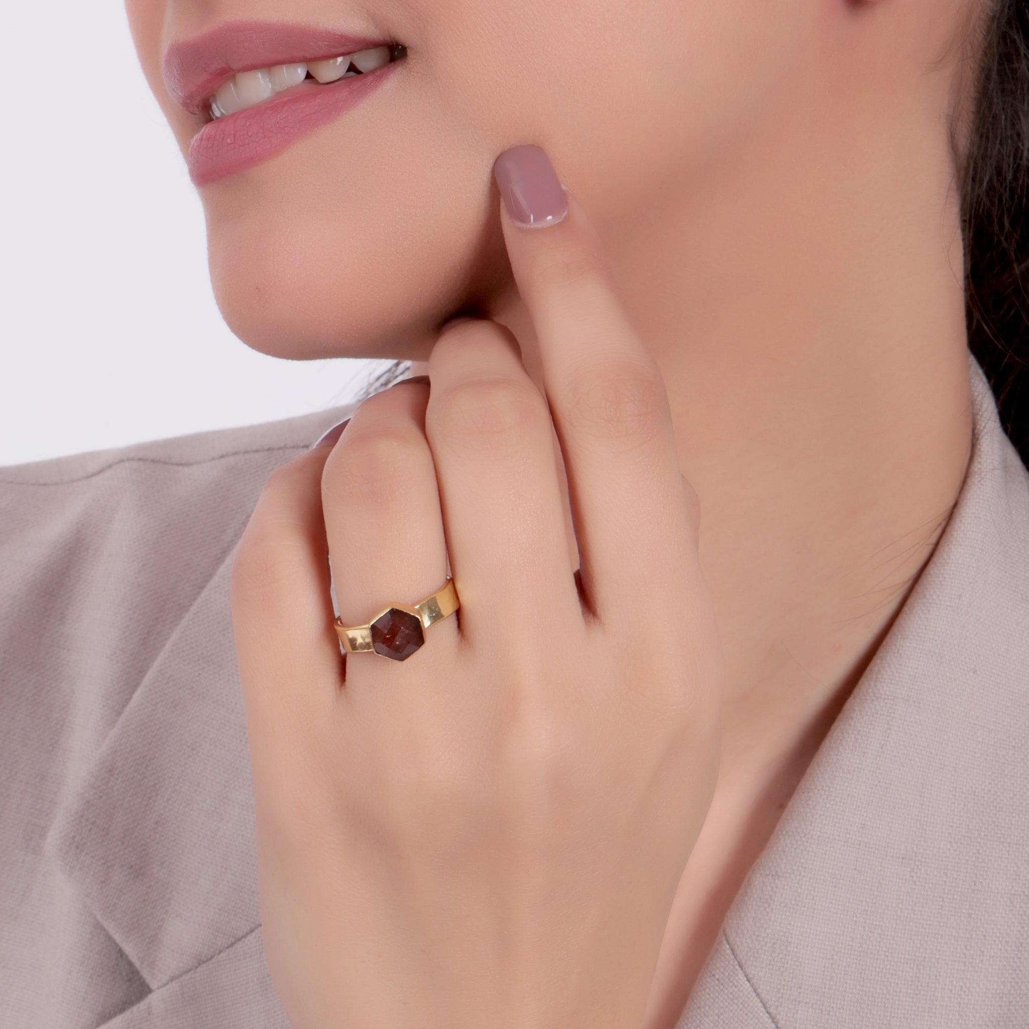 Dua Handmade Strawberry Quartz Hexagon Ring 7mm – Brown Adjustable Gold-Plated Modern Gemstone Jewelry