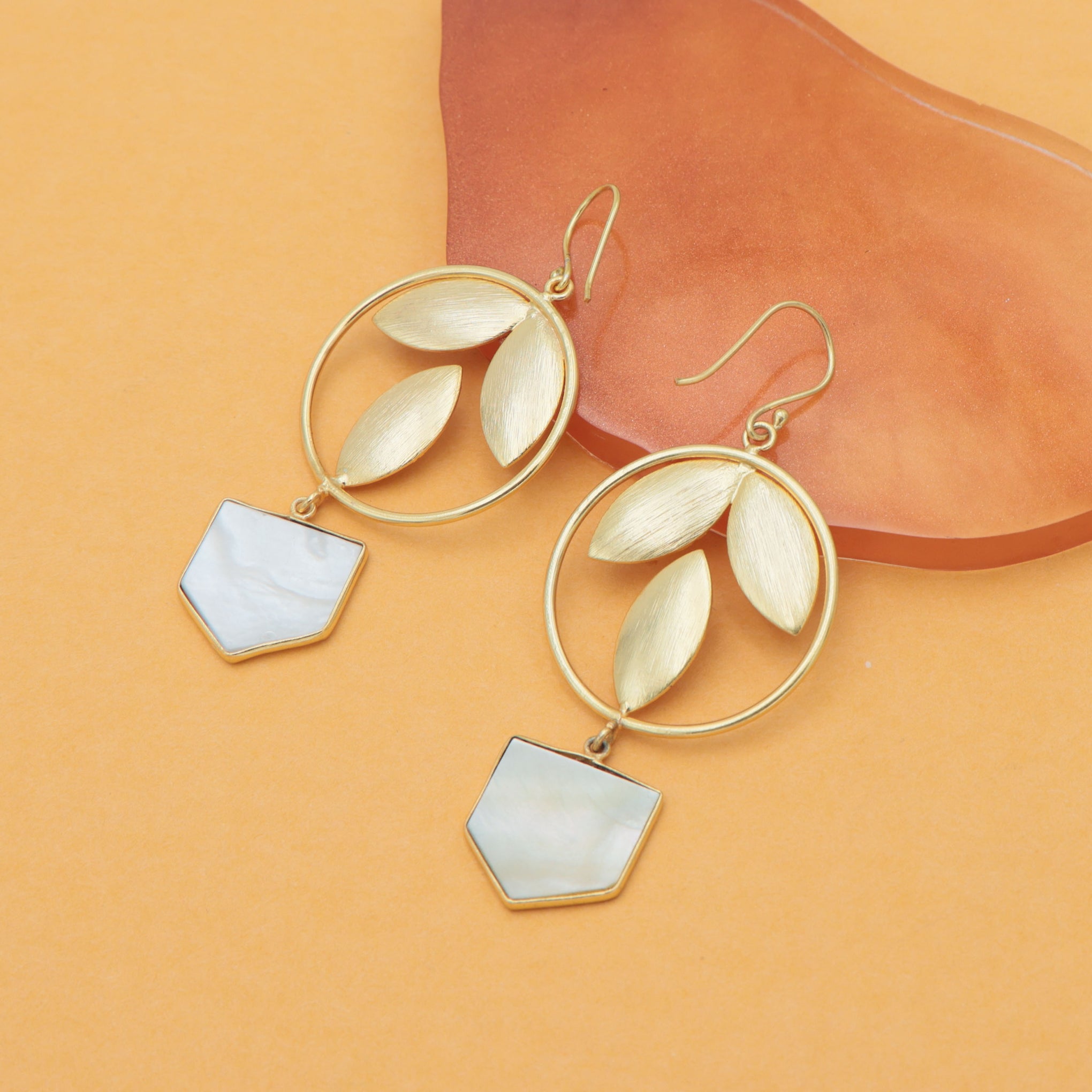 Dua Mother of Pearl Pentagon Earrings – Handmade 18mm Natural Pearl Gemstone Gold-Plated Earrings