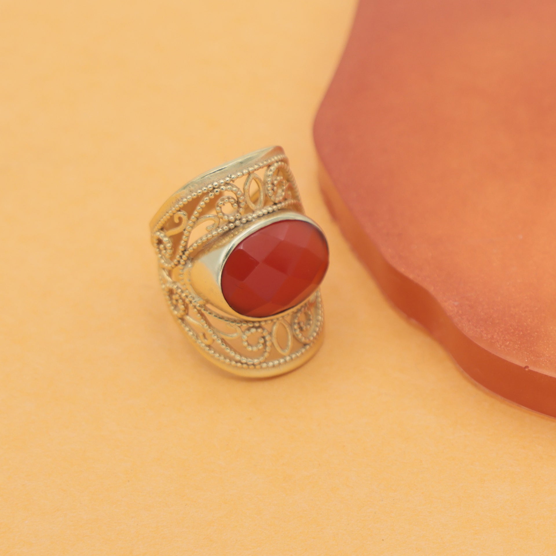 Dua Handmade Carnelian Chalcedony Oval Ring 11x15mm – Orange Adjustable Gold-Plated Gemstone Jewelry