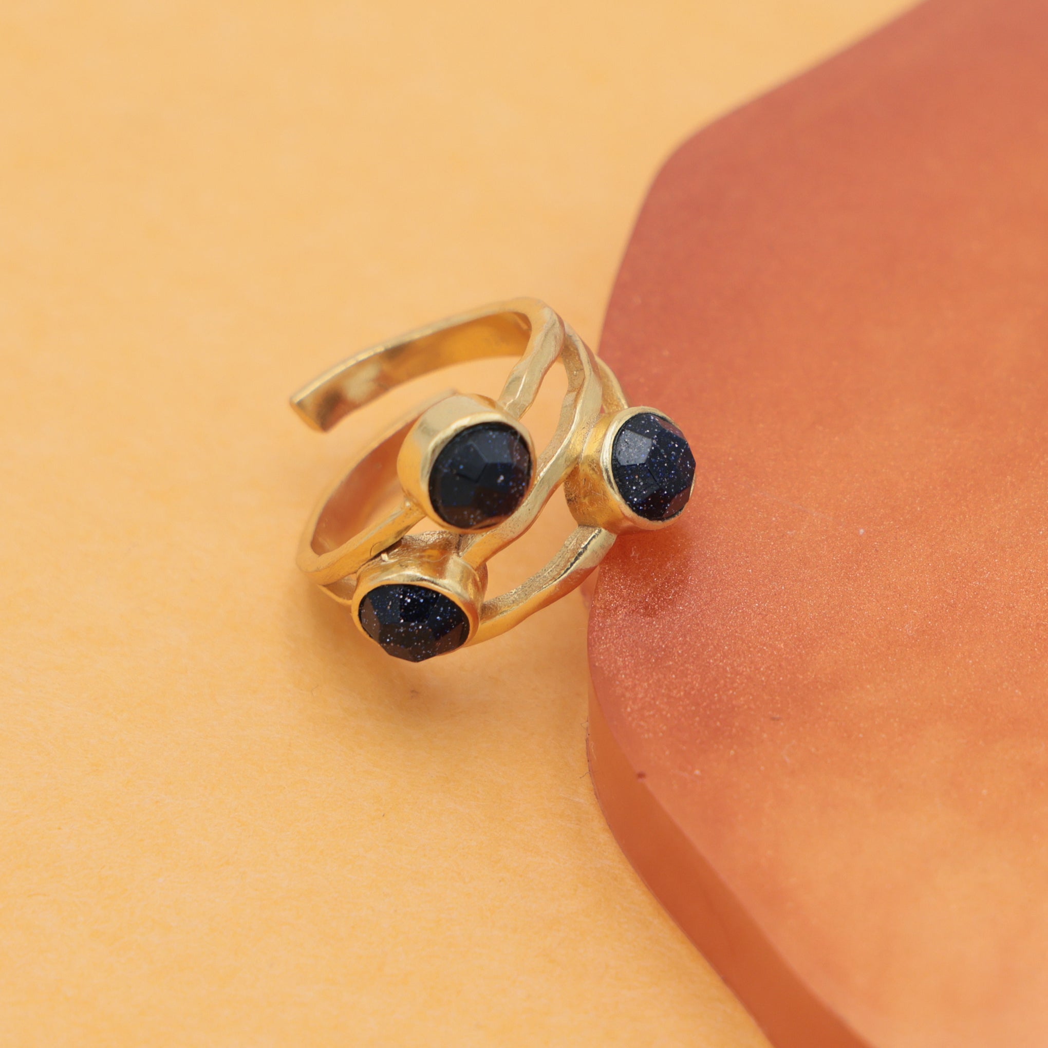 Dua Handmade Blue Sunstone Round Ring 6mm – Blue Adjustable Gold-Plated Gemstone Jewelry for Parties