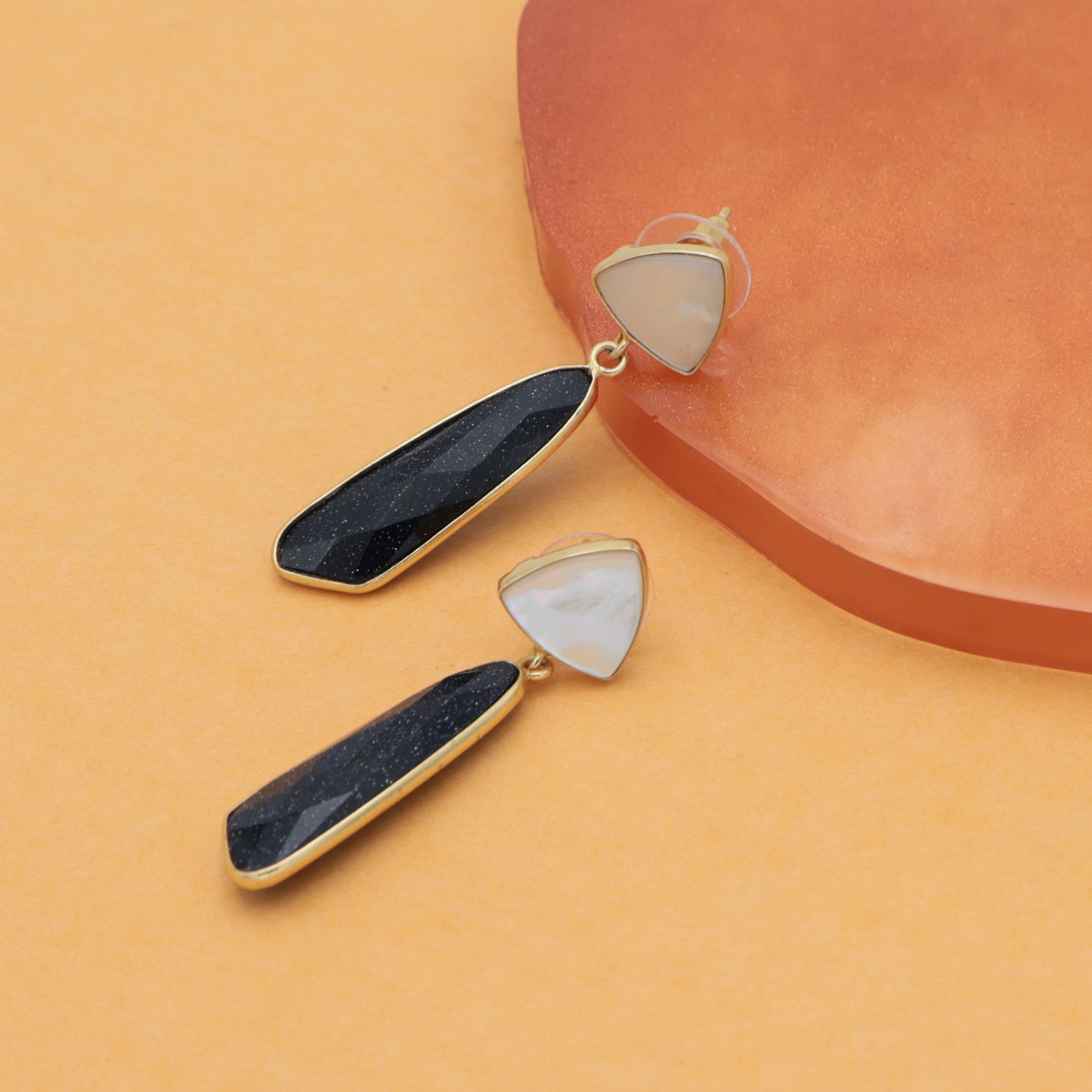 Dua Mother of Pearl & Blue Sunstone Earrings – Handmade Trillion & Unique Cut Gemstone Earrings (10mm, 8x26mm)