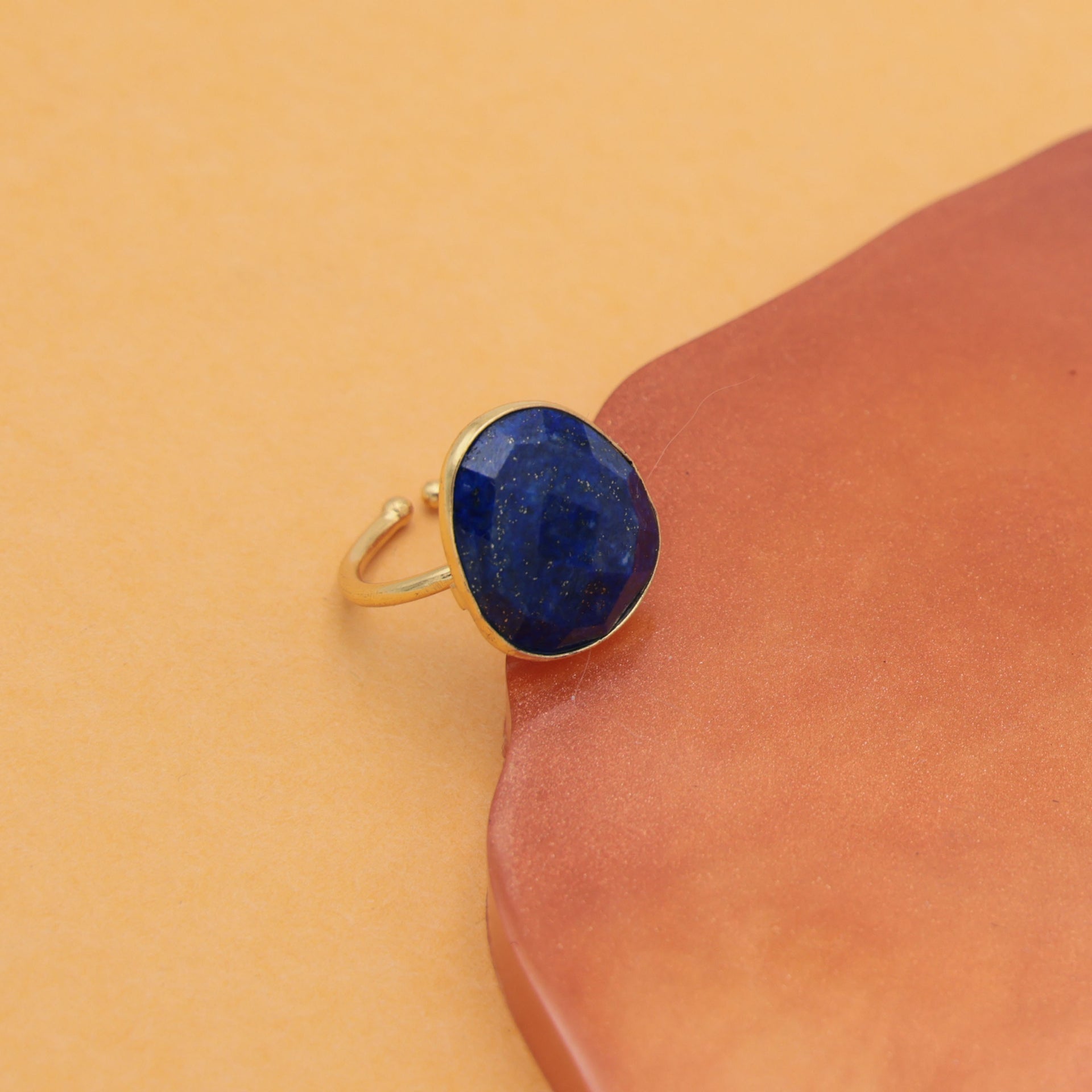 Dua Handmade Lapis Unshape Ring 15x18mm – Blue Adjustable Gold-Plated Statement Gemstone Jewelry