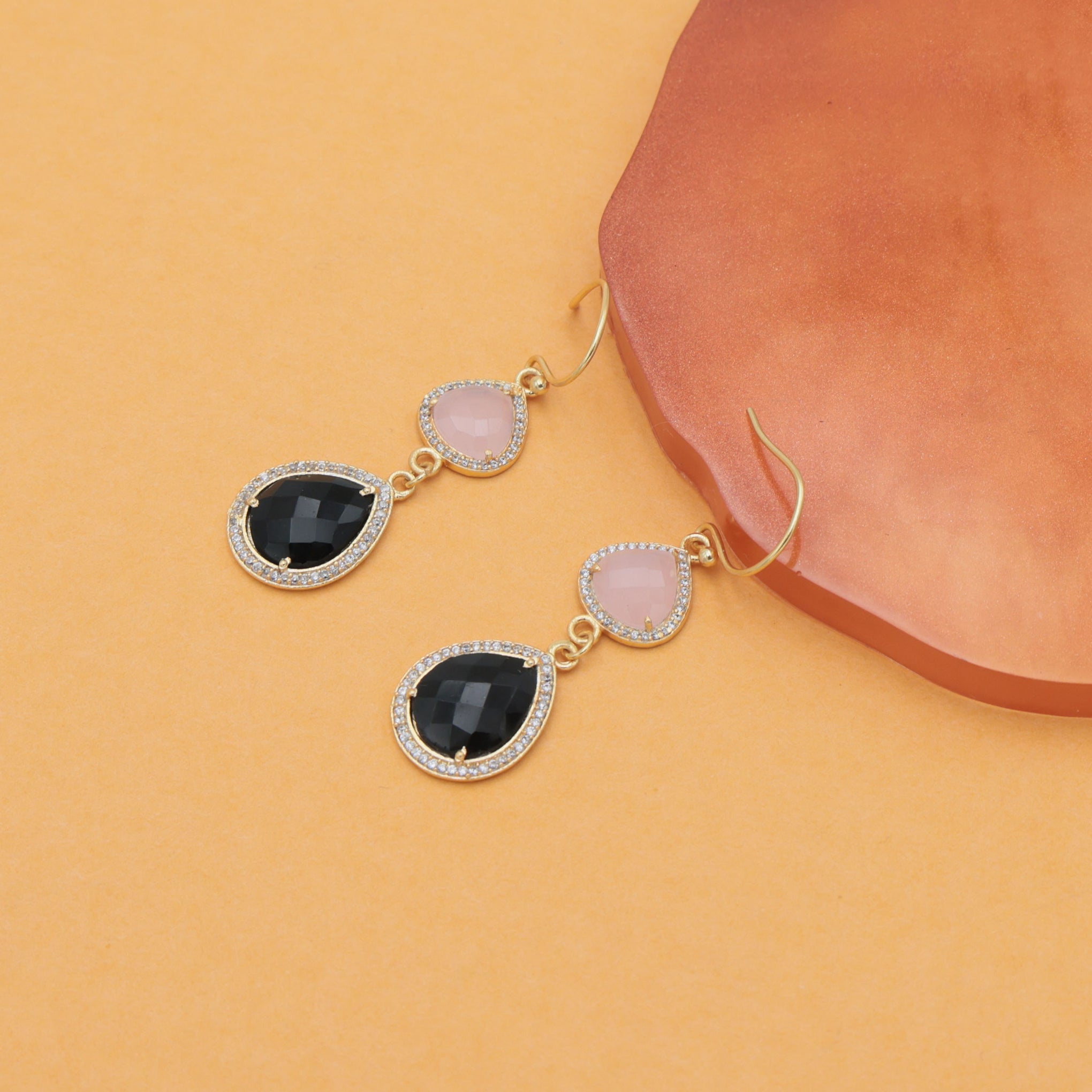 Dua Pink Chalcedony & Black Onyx CZ Earrings – Handmade Heart & Pear Cut Natural Gemstone Earrings (10mm, 12x15mm)