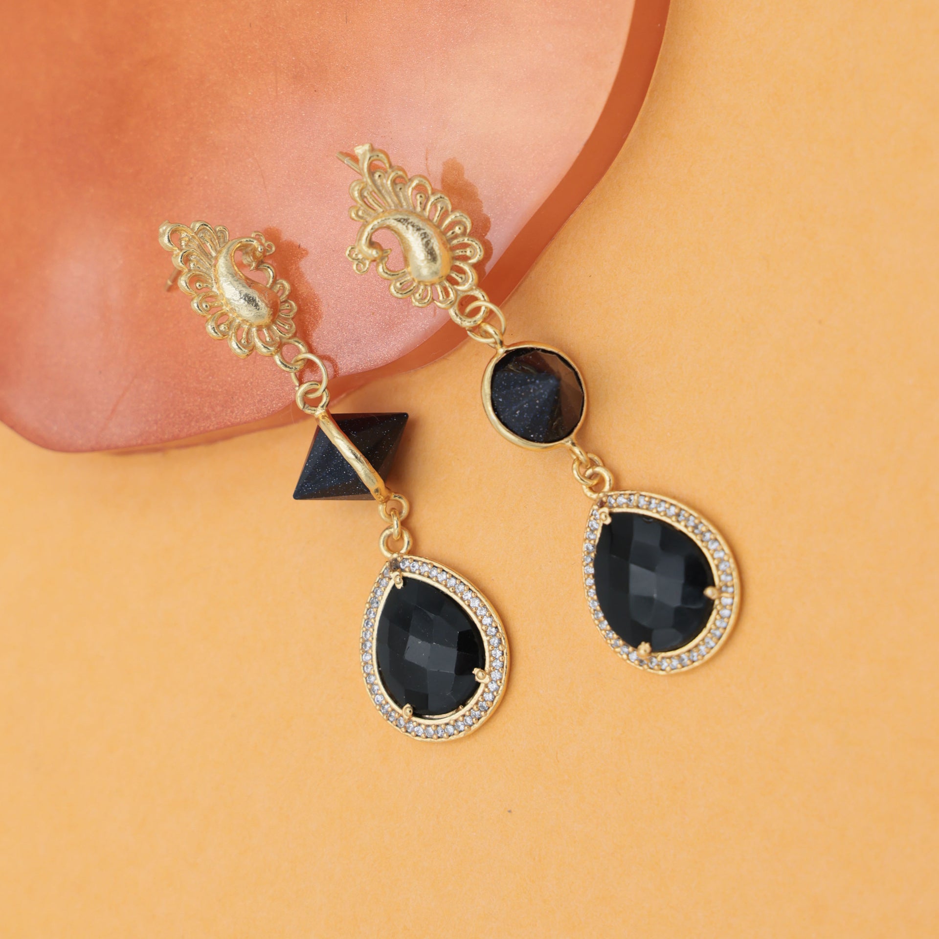 Dua Blue Sunstone & Black Onyx CZ Earrings – Handmade Cone & Pear Cut Natural Gemstone Earrings (10x14mm, 12x15mm)