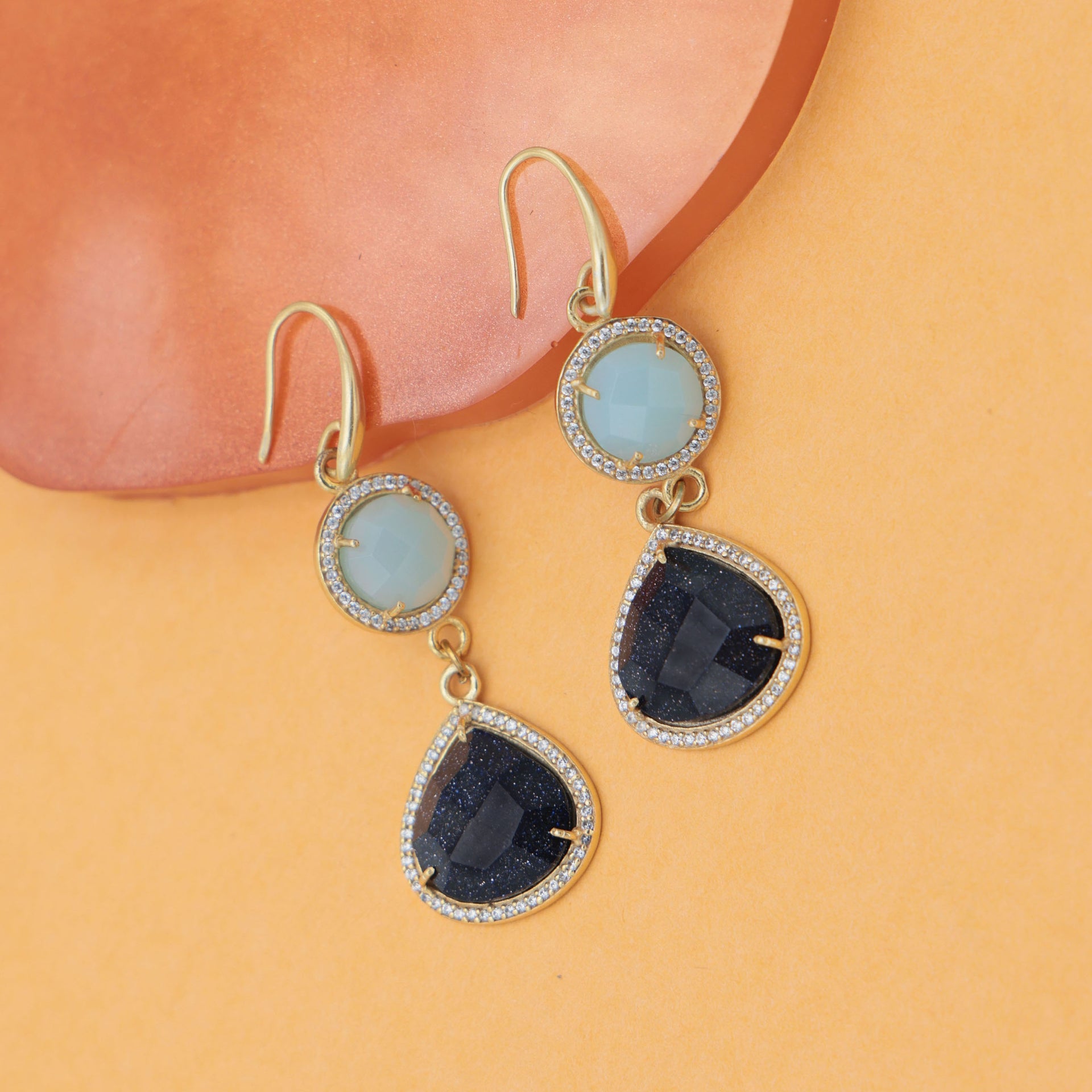 Dua Blue Chalcedony & Blue Sunstone CZ Earrings – Handmade Round & Heart Cut Gemstone Earrings (10mm, 15mm)