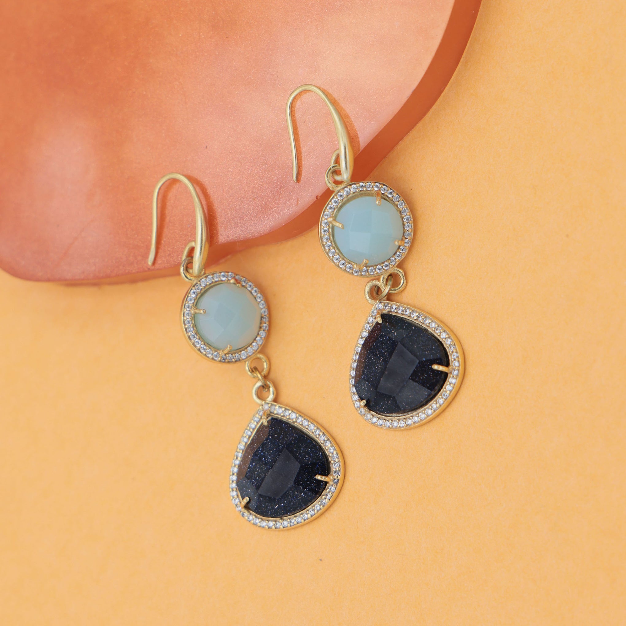 Dua Blue Chalcedony & Blue Sunstone CZ Earrings – Handmade Round & Heart Cut Gemstone Earrings (10mm, 15mm)