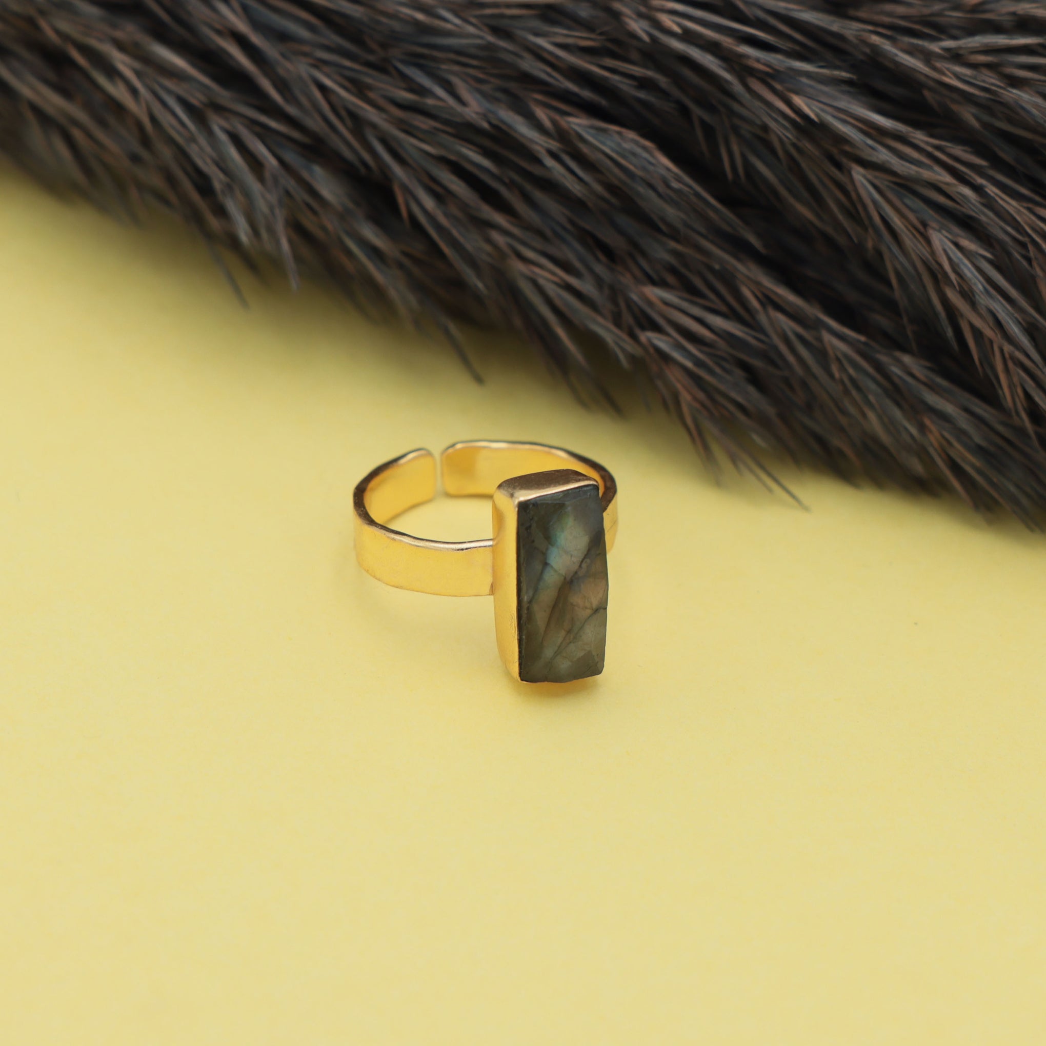 Dua Handmade Labradorite Rectangle Ring 6x14mm – Adjustable Gold-Plated Grey Gemstone Ring for Women & Girls