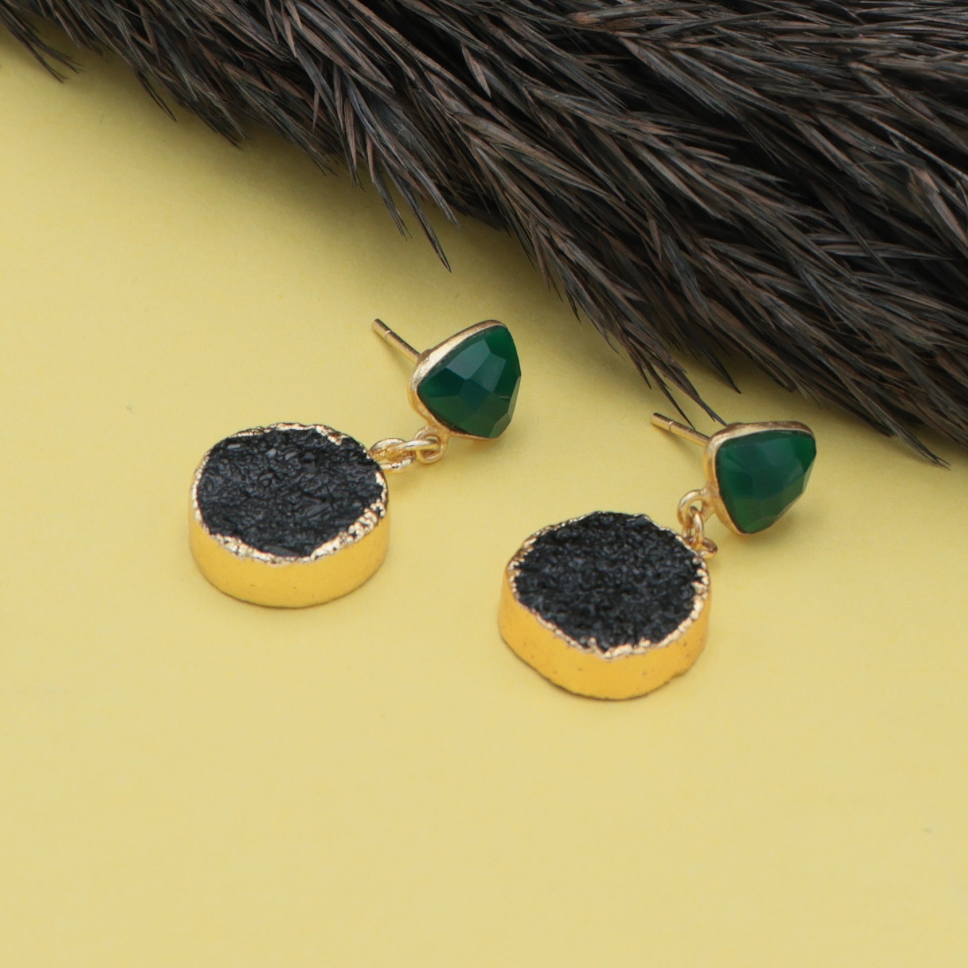 Dua Green Onyx & Druzy Earrings – Handmade Trillion & Round Cut Natural Gemstone Earrings (8mm, 15mm)