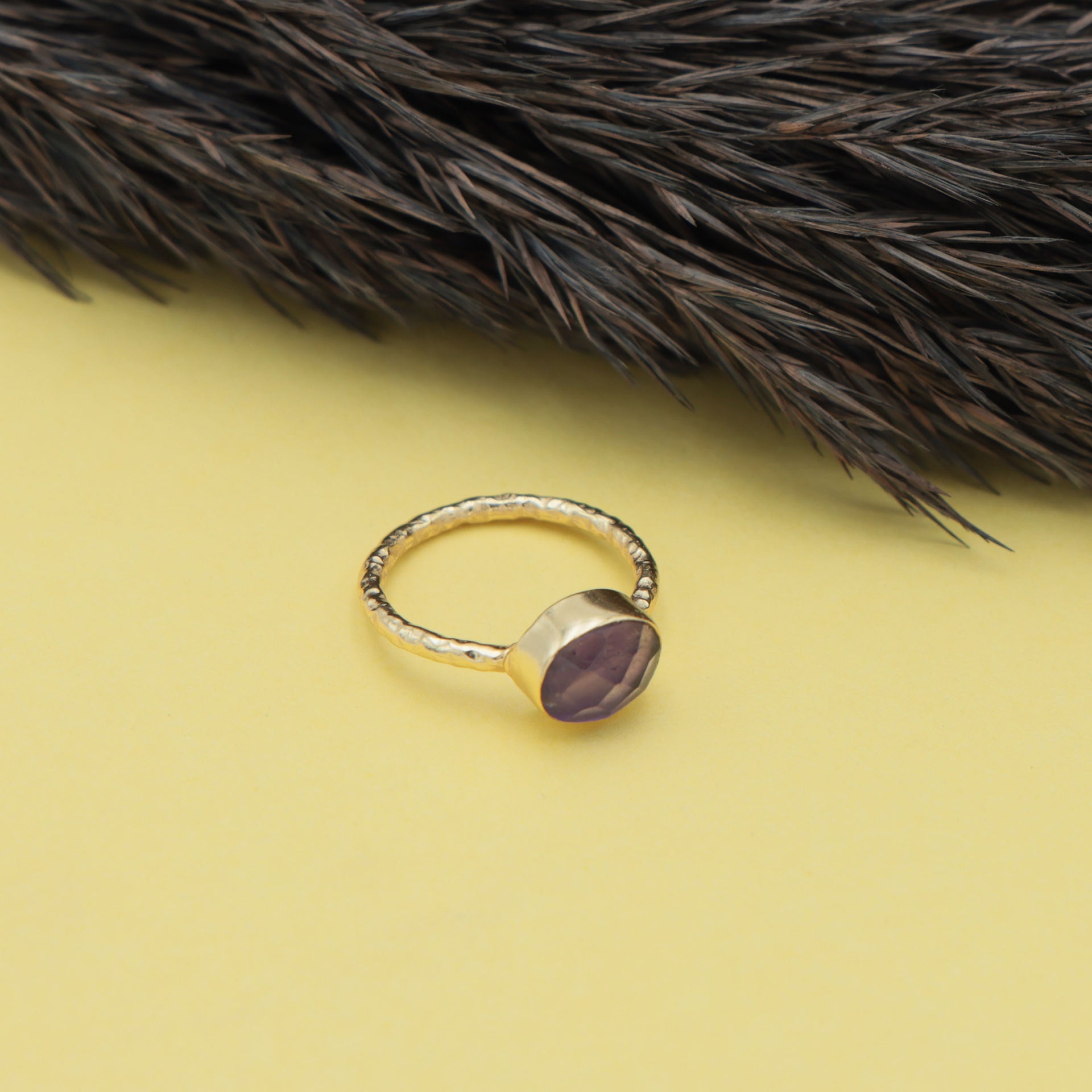 Dua Amethyst Oval 7x9mm Gold-Plated Adjustable Ring – Contemporary Bezel-Set Natural Purple Stone Jewelry for Women & Girls