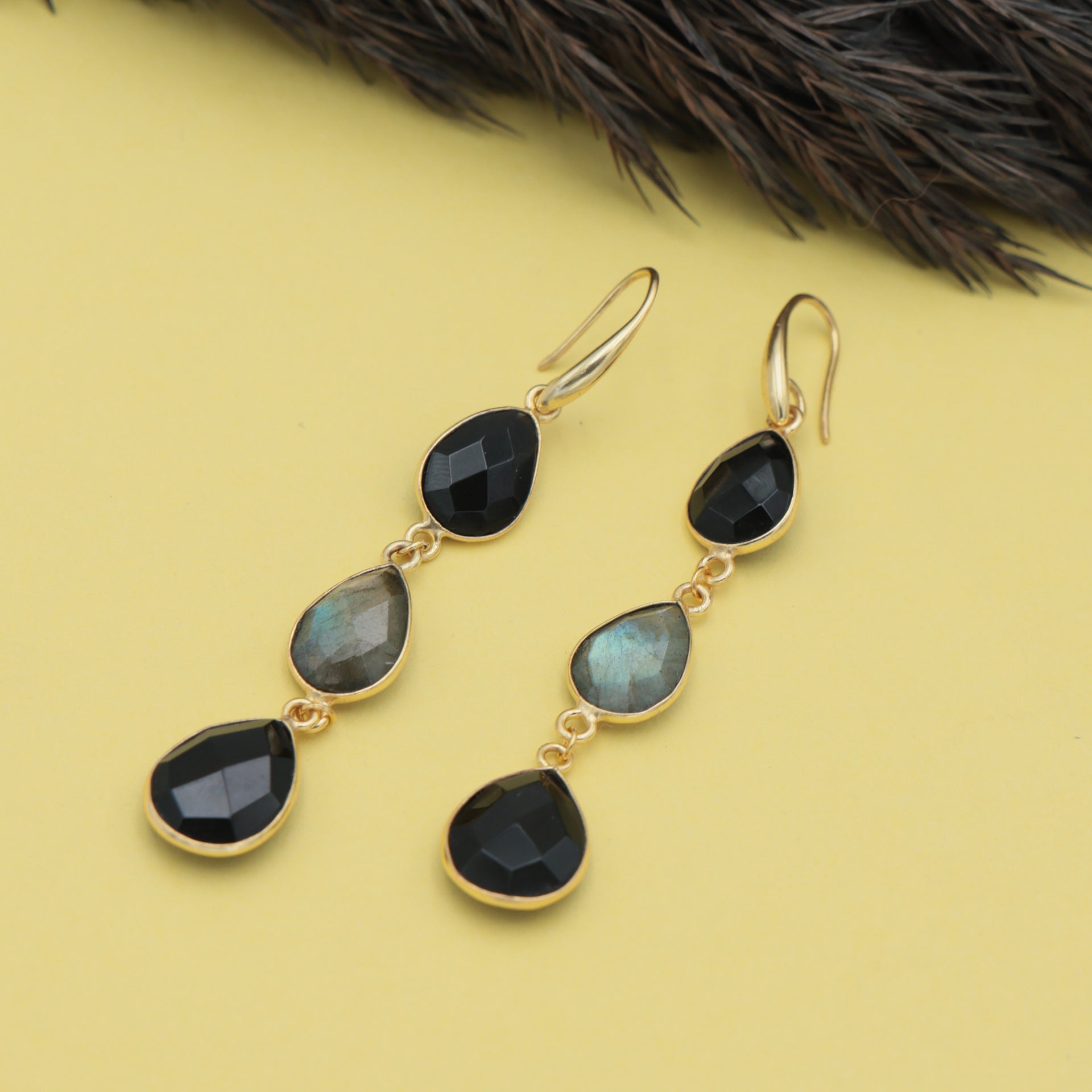 Dua Labradorite & Black Onyx Earrings – Handmade Pear Cut Natural Stone Earrings (9x12mm, 11x14mm)